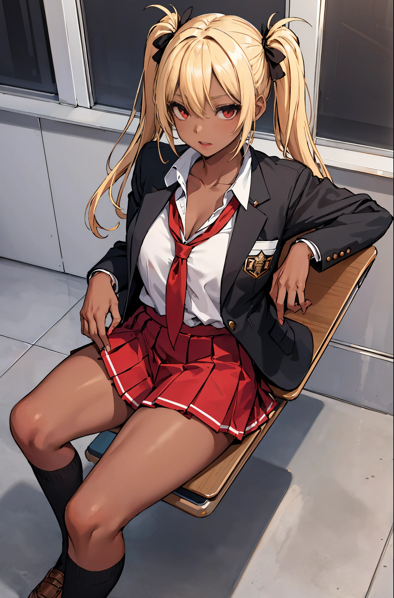 (masterpiece:1.2, highest quality), 1 female, alone, school uniform, classroom, Day, sit, blonde, twin tails, red eyes, Open collaboration bone, black skin, (open chest:1.1),