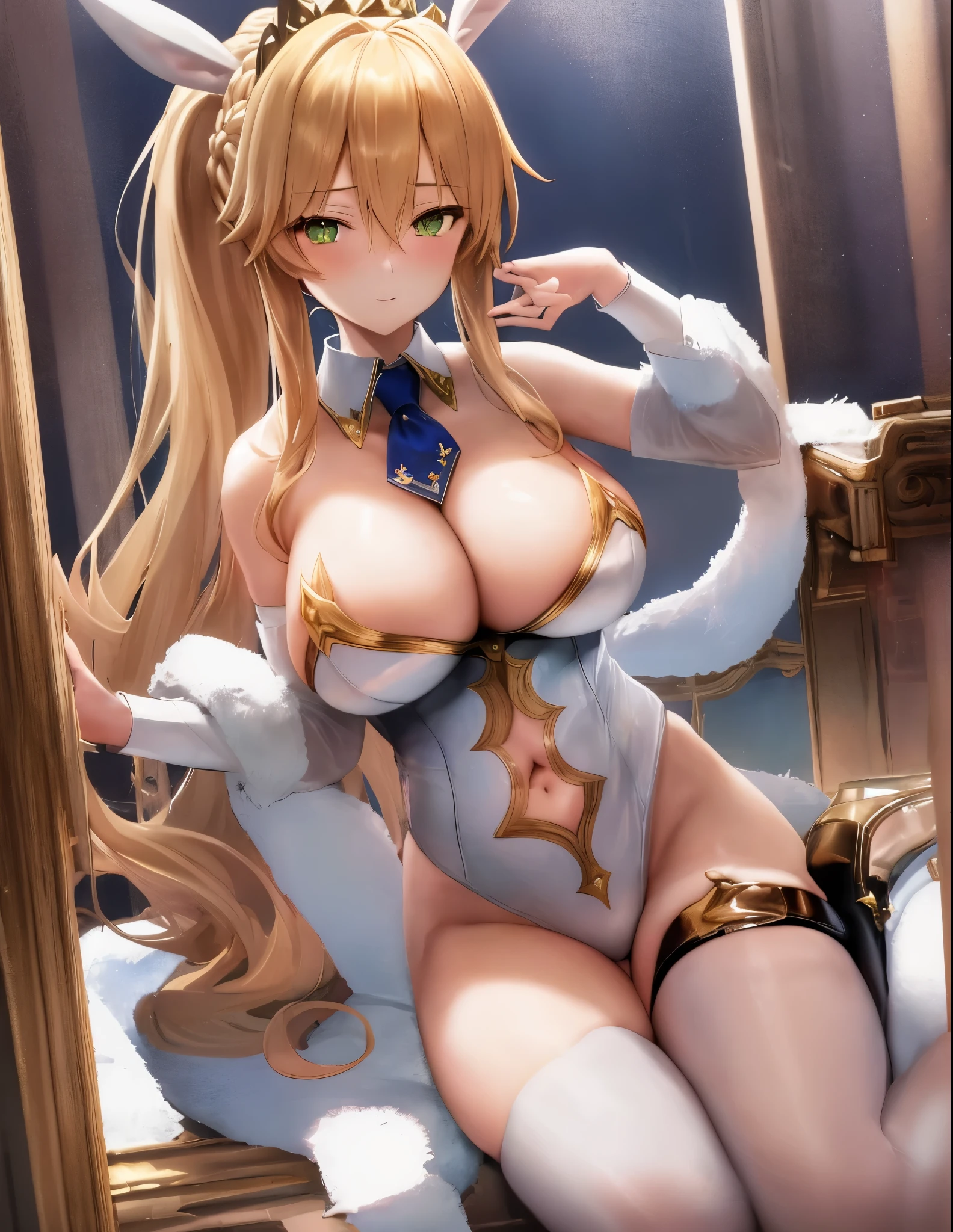 masterpiece, best quality, absurdres, soft lighting, looking at viewer, (light_smile:0.6),
1girl, ahoge, rabbit ears, playboy bunny, artoria pendragon \(swimsuit ruler\) \(fate\), large breasts , blonde hair, green eyes, french braid, pony tail
bare shoulders, large breasts , cleavage,
clothing cut out, wrist cuffs, detached collar, navel cutout, feather boa,
white leotard, blue necktie, blue pantyhose, single thigh strap, hands behind head,
white background,squat,(open_legs:1.3),rabbit_pose,armpits,