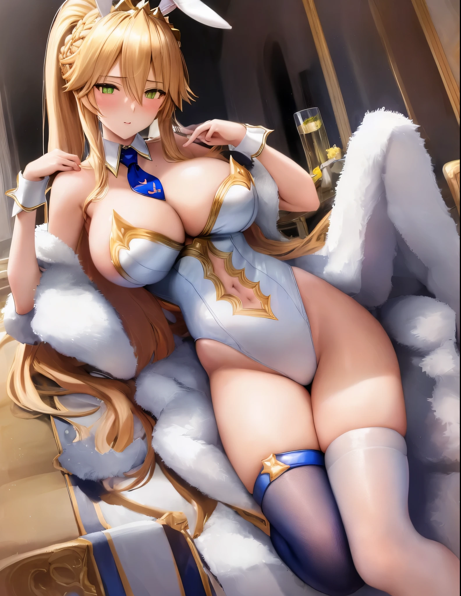 masterpiece, best quality, absurdres, soft lighting, looking at viewer, (light_smile:0.6),
1girl, ahoge, rabbit ears, playboy bunny, artoria pendragon \(swimsuit ruler\) \(fate\), large breasts , blonde hair, green eyes, french braid, pony tail
bare shoulders, large breasts , cleavage,
clothing cut out, wrist cuffs, detached collar, navel cutout, feather boa,
white leotard, blue necktie, blue pantyhose, single thigh strap, hands behind head,
white background,squat,(open_legs:1.3),rabbit_pose,armpits,