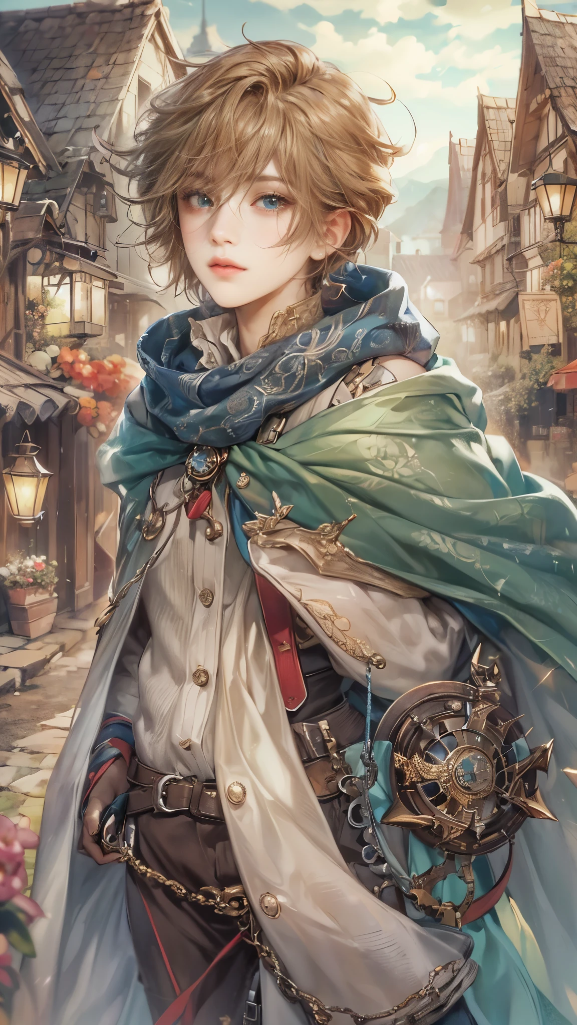 (absurdres, highres, ultra detailed, HDR), masterpiece, Intricate details,best quality picture of a character from Octopath Traveler, handsome boy with random Hair color, anime eyes, Hero Outfit showing Chest with cape in a random color, detailed town scenery, detailed character, art kenouji