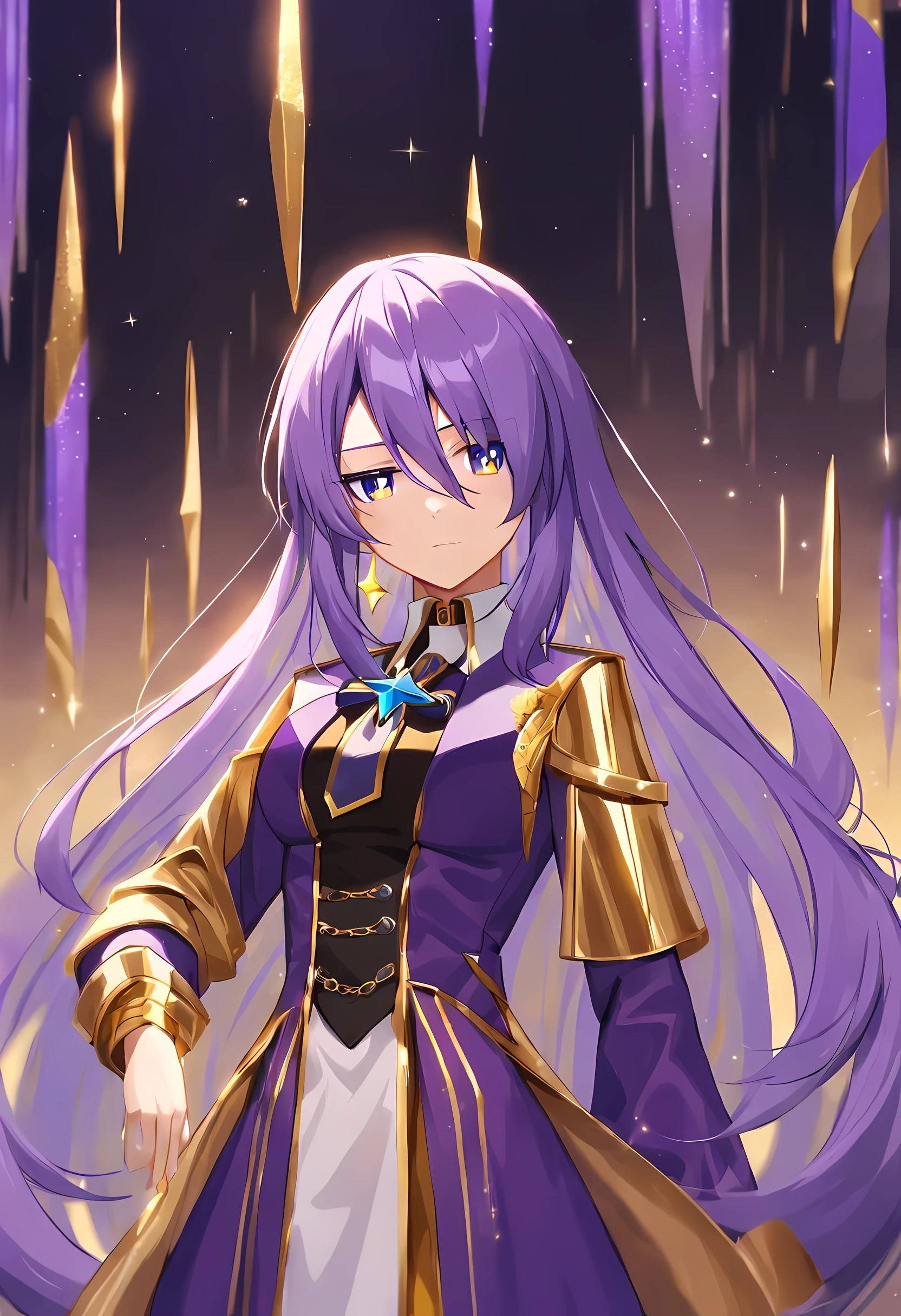 Muna Starnova /(Holographic live broadcast/),Dressed in purple and gold,Beautiful girl in official uniform,hair is purple,long white hair,pupils crimson,A slim waist does not show off the figure