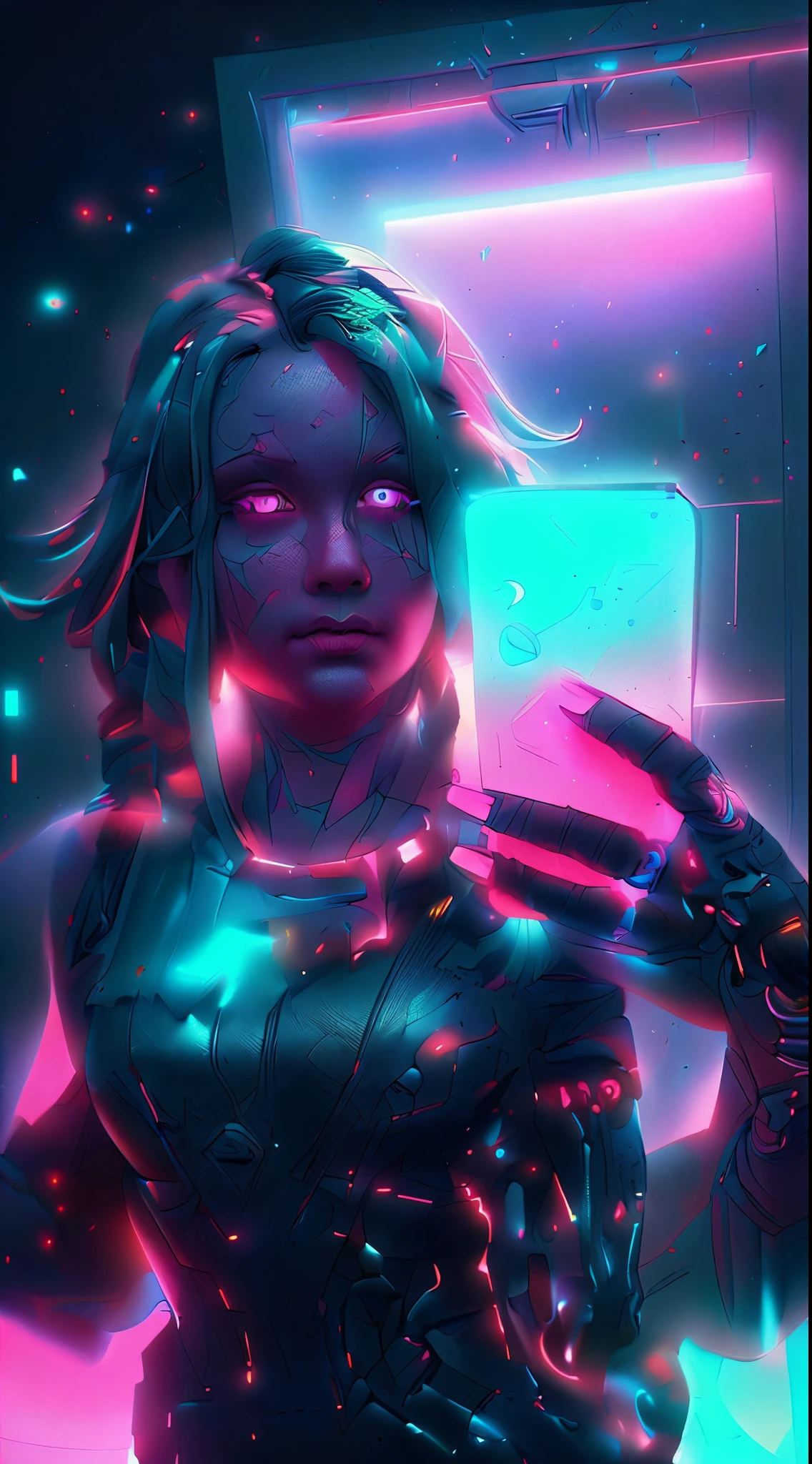 Android girl with a mustache, ((best quality)), ((master part)), (circunstanciado:1.4), ..3d, uma bela figura feminina cyberpunk com cabelos grossos, dentro, (((photo in seven dimensions)), (Full-cover electronic leather clothing), luminescence, light particles, (((brilhar)), energia pura caos anti-tecnologia, HDR (high dynamic range), (alto contraste claro e escuro), ray tracing, NVIDIA RTX, Super-Resolution, irreal 5, Subsurface scattering, PBR Texturing, Post-processing, anisotropic filtering, Maximum clarity and sharpness, Texturas multicamadas, Mapas de Albedo e Especular, surface shading, Precise simulation of light-material interactions, perfectly proportions, octan render, Two-tone lighting, grande abertura, ISO baixo, White balance, rule of thirds, 8K BRUTO