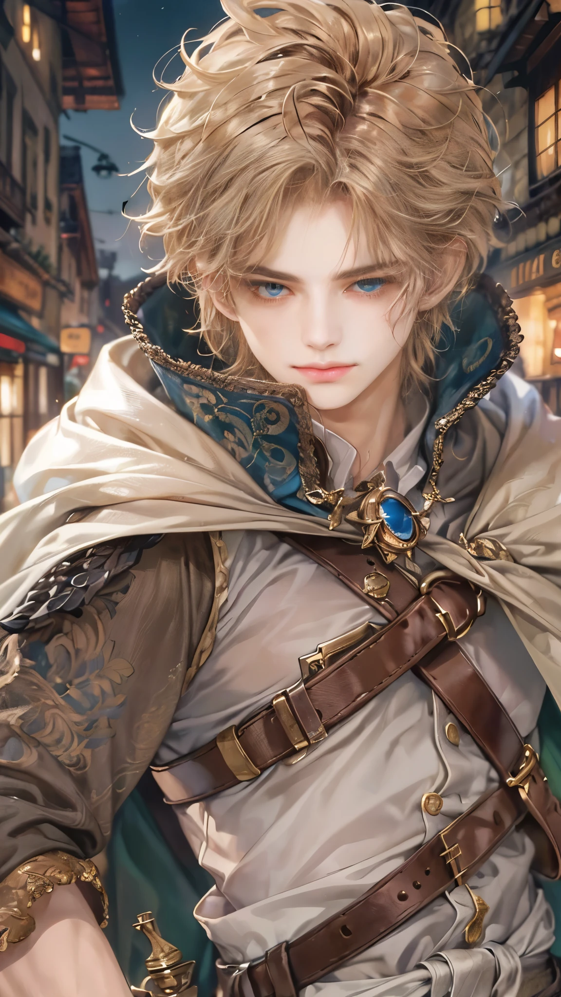 (absurdres, highres, ultra detailed, HDR), masterpiece, Intricate details,best quality picture of a character from Octopath Traveler, handsome teen boy with random Hair color, anime eyes, Hero Outfit showing Chest with cape in a random color, detailed town scenery, detailed character, art kenouji