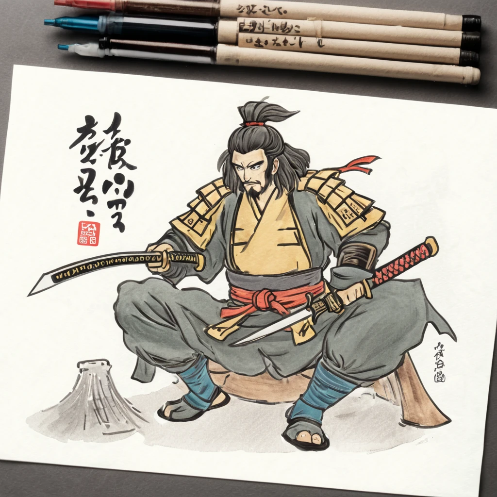 High Resolution, High Quality, Masterpiece. ink sketch in the Yamato-e style, The samurai is sitting, Logo "Yamato" . 32k resolution, , modern line art and minimalist graphic style, centered sticker design, vector illustration, 2d flat yet cute, with a hint of professional vector graphics, shadow day themed, ultra-detailed, octane rendering