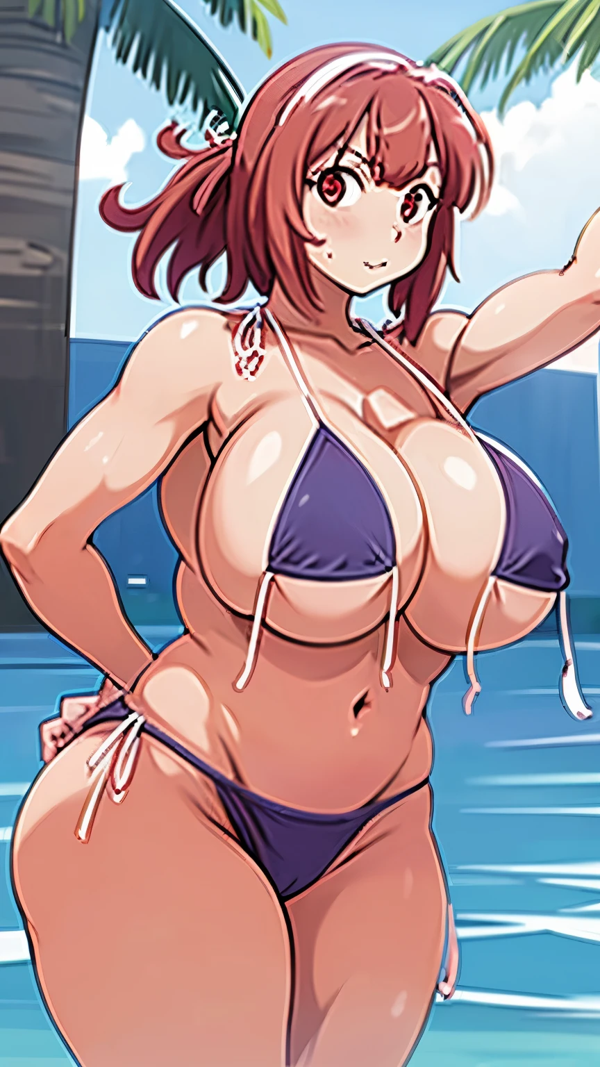 selfie,((seductive pose,)),(anime,anime style),((untied bikini:1.5)),(covering breasts),strapless,((gigantic breasts)),(thick thighs),(wide hip),beach,sexy pose,bewitching look,pony tail,open regs