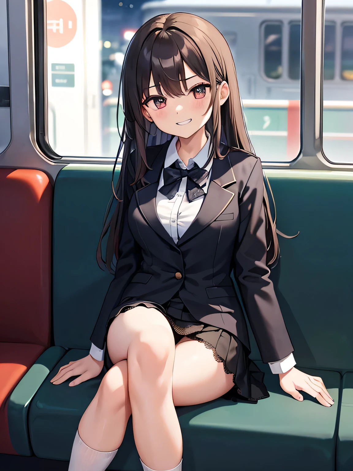 (1) A woman is sitting alone on a long seat on a train. she spreads legs and black lace panties.
She shows her black lace panties to the person in front of her.
(2) She is a high school girl, She is wearing a uniform consisting of a miniskirt, blazer, and loose socks..
(3) she has medium length brown hair.
(4) Her expression is provocative and grinning.
(5) The location is the long seat of the train at night.. There are no other customers.