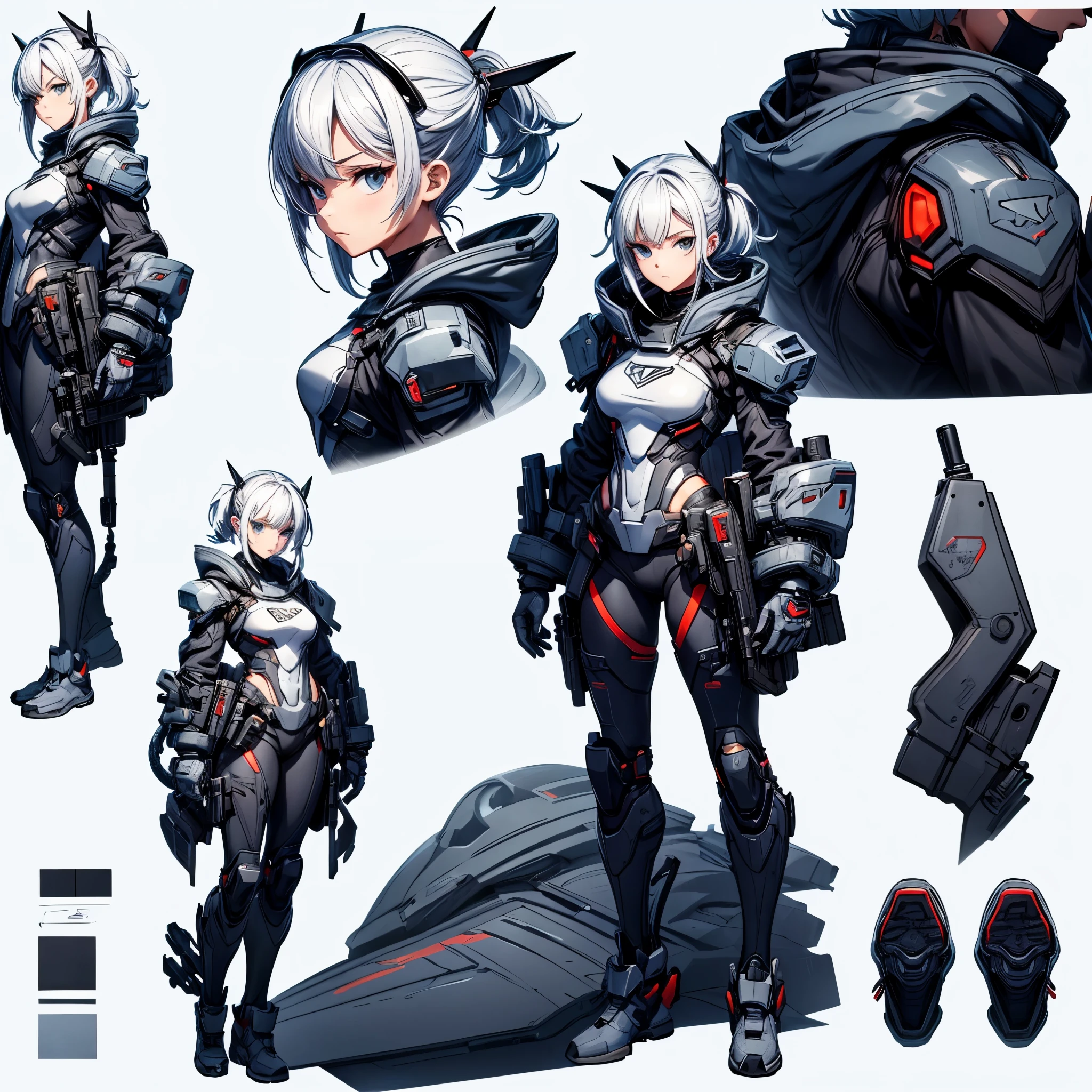 reference sheet, character design, absurdres, highres, ultra detailed, (cute,kawaii:1.2),
(1girl:1.4),oversized hooded jacket, bodysuit, cyborg girl,
hyper gigantic mechanical arms,dynamic pose, 
nice hands, perfect hands, simple background, white background, 