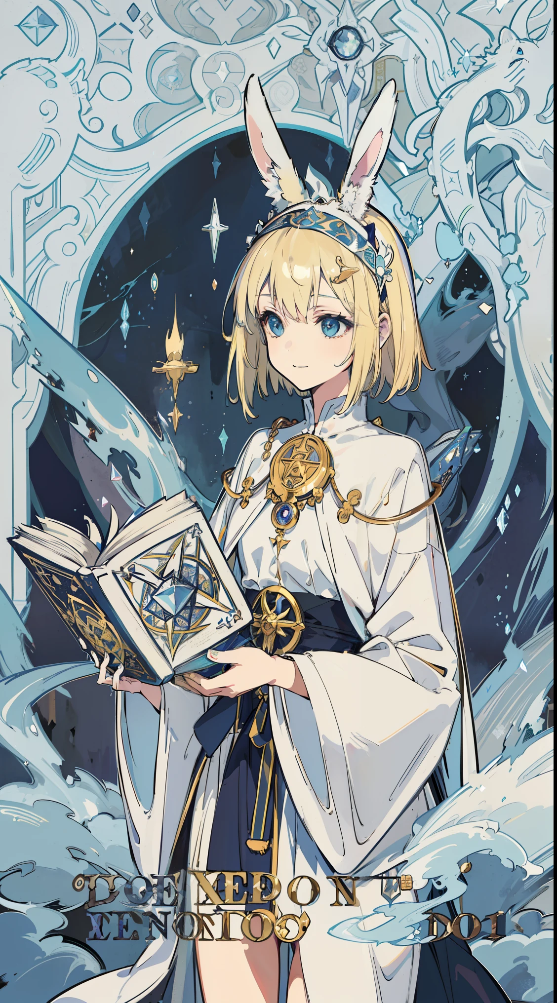 masterpiece,(bestquality),highlydetailed,ultra-detailed, pale , mystical , (tarot cards), (magic symbols), (moonlight), (magic crystals), (mysterious fog), (ancient book), (ethereal), (ceremonial robes), (intricate patterns), (mystical creatures), (enchanting atmosphere), (divine intervention), (spiritual journey), (fortune-telling), (mystic symbols), (mystic candlelight), (magical aura),(magic incantations), (secret knowledge),(spellbinding),(tarot reader),(tarot table),(aura of mystery), (occult experience),(blonde bob hair), (bunny ears headband), (blue eyes),little smile,