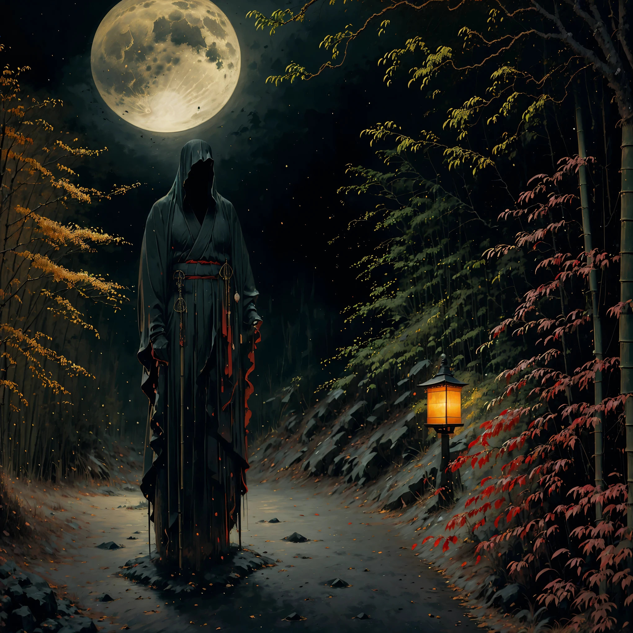 (best quality,ultra-detailed),dark,wet,artificial raindrops falling,ancient Japanese warrior standing in the rain,traditional Japanese bamboo hat(kasa),dense forest scenery,majestic and serene nature,full moon shining brightly in the night sky,black kimono with fluorescent red stripes glistening in the moonlight,sharp and unsheathed samurai sword(katana),