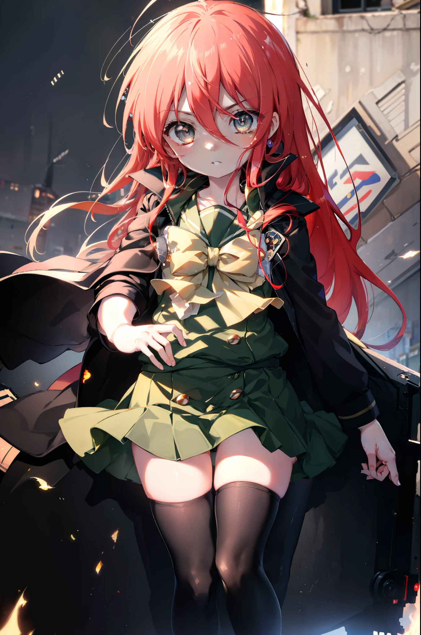 masterpiece,highest quality,Highly detailed CG Unity 8k wallpaper,1 girl,shana,redhead,long hair,red eyes,Misaki high school uniform(green winter uniform),Black Rider Suit,Misaki High School Green Skirt,black knee high socks,brown loafers,He holds a Japanese sword wrapped in flames in his left hand.,city of rubble,explosive flame,(masterpiece:1.2), highest quality, High resolution, unity 8k wallpaper, (shape:0.8), (beautiful and detailed eyes:1.6), highly detailed face, perfect lighting, Very detailed CG, (perfect hands, perfect anatomy),