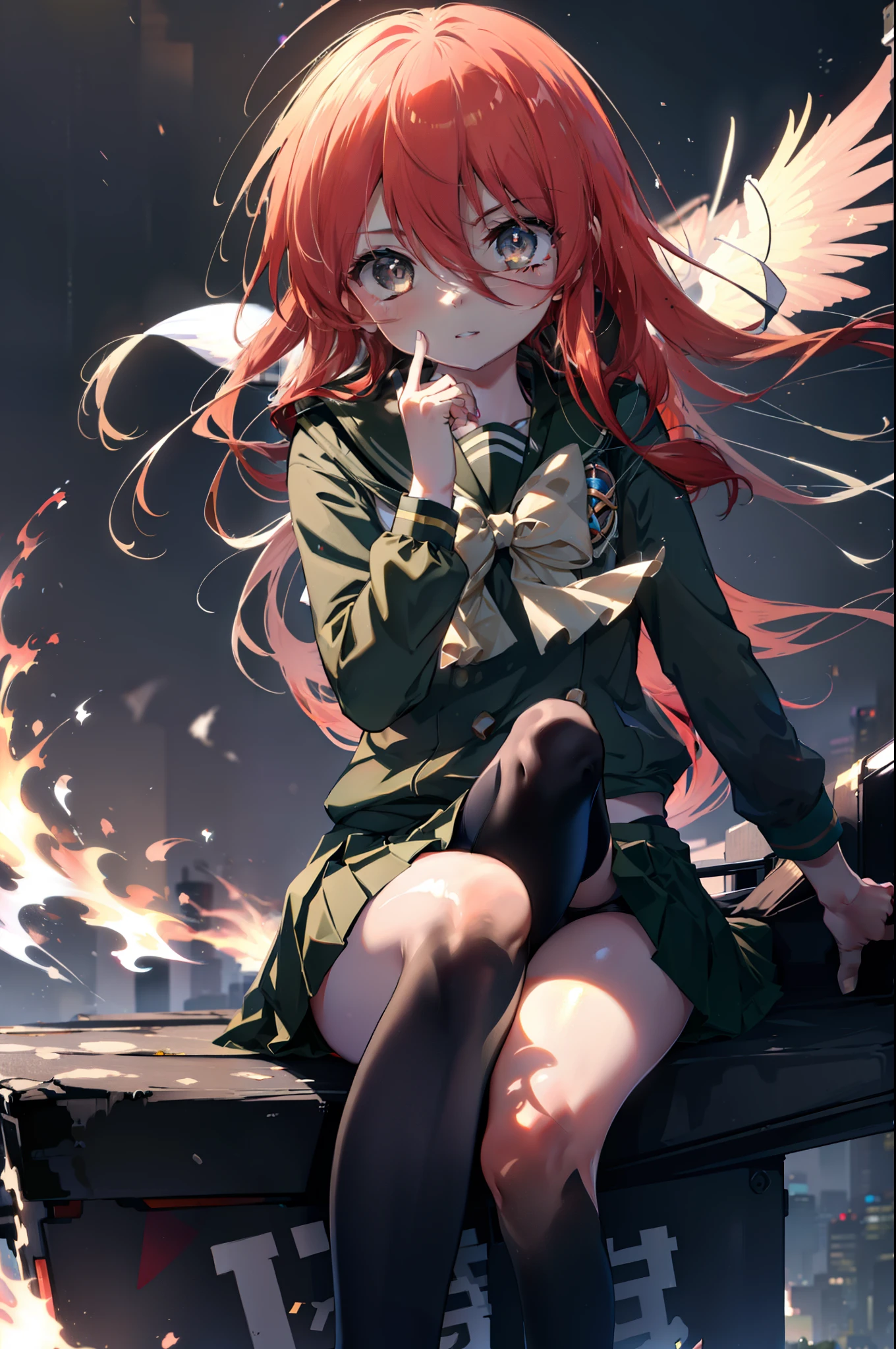 masterpiece,highest quality,Highly detailed CG Unity 8k wallpaper,1 girl,shana,redhead,long hair,red eyes,Misaki high school uniform(green winter uniform),Black Rider Suit,Misaki High School Green Skirt,black knee high socks,brown loafers,He holds a Japanese sword wrapped in flames in his left hand.,city of rubble,explosive flame,(masterpiece:1.2), highest quality, High resolution, unity 8k wallpaper, (shape:0.8), (beautiful and detailed eyes:1.6), highly detailed face, perfect lighting, Very detailed CG, (perfect hands, perfect anatomy),