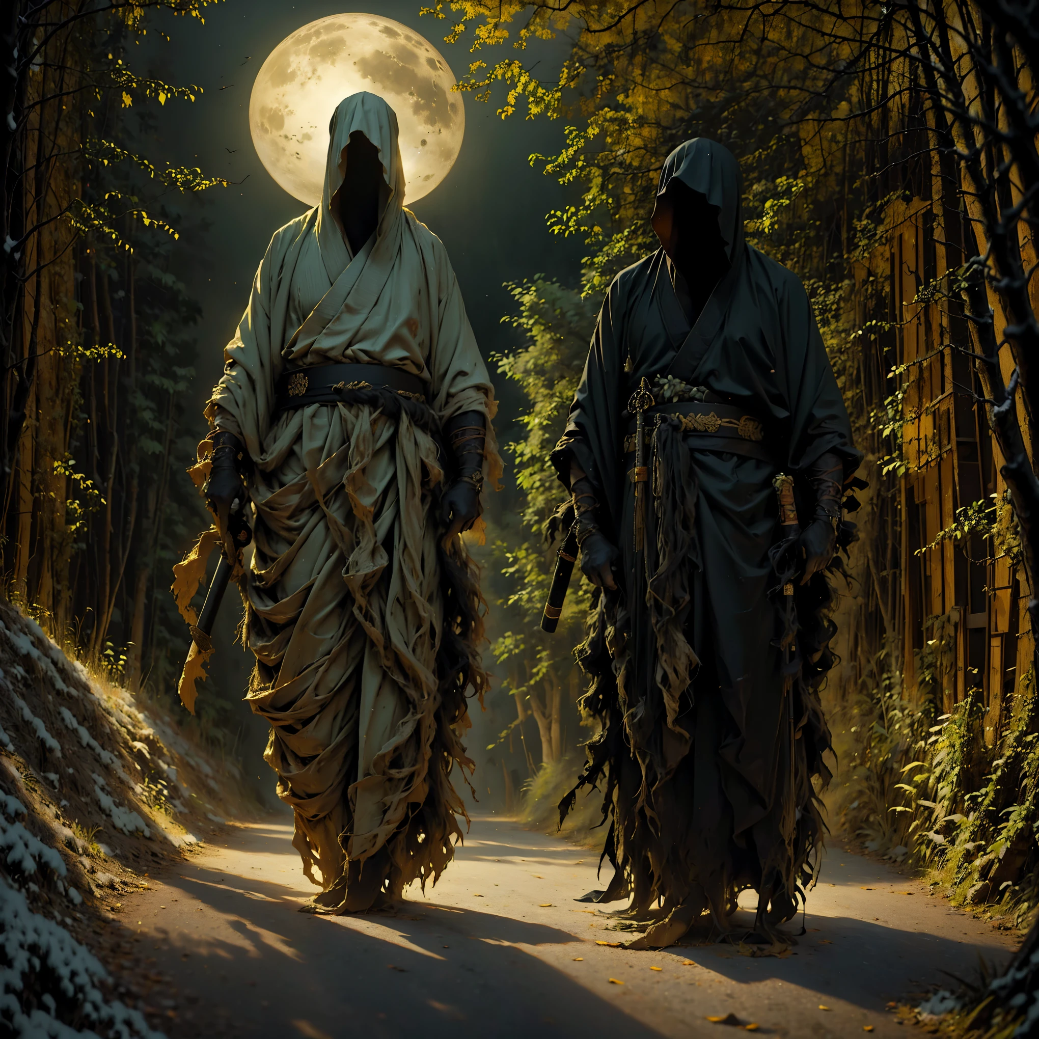 (best quality, 4k, highres, masterpiece:1.2), ultra-detailed, (realistic, photorealistic, photo-realistic:1.37), a man dressed as a samurai stands in the rain, wearing a bamboo hat (kasa) on his head. He is surrounded by a dense forest, alive with the sounds of nature. It's a moonlit night, and the darkness adds to the mysterious ambiance. The man is wearing a black kimono with neon red stripes that glow in the darkness, making him stand out in the scene. His sword (katana) is unsheathed, ready for action in the face of imminent disasters.