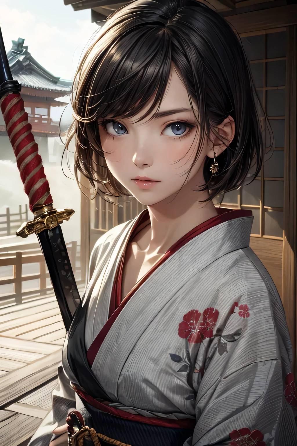 (masterpiece), (best quality half body), 1female, samurai, (grey color short hair), holding sword, yoroi, japanese house background, detailed beautiful eyes, detailed gorgeous face, detailed beautiful eyes, detailed gorgeous face, dynamic pose, perfect shading, dramatic lighting, highly detailed, intricate details, wallpaper, PIXIV, krenz cushart,