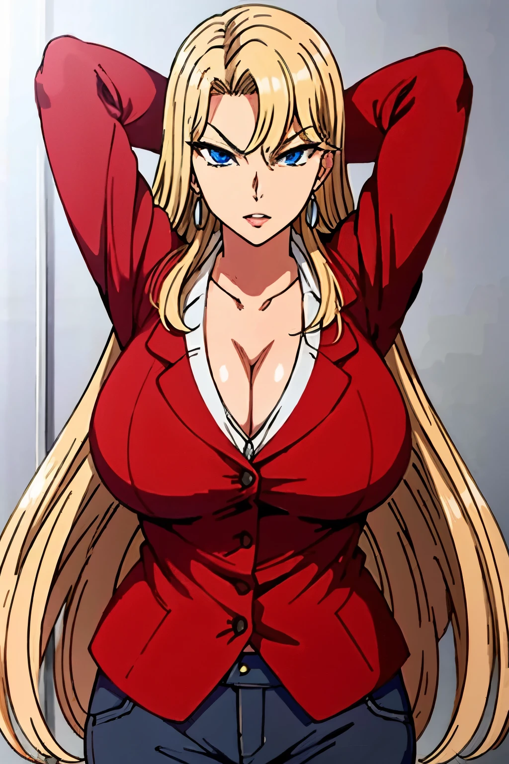 masterpiece, highest quality, 1 girl, alone, mature woman, huge breasts,blonde hair, arms behind, red jacket, Reika Kurashiki, blonde hair, blue eyes, 