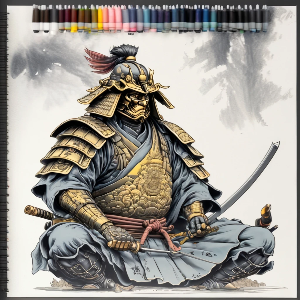 High Resolution, High Quality, Masterpiece. ink sketch in the Yamato-e style, The samurai is sitting, Logo "Yamato" .  32k resolution, , modern line art and minimalist graphic style, centered sticker design, vector illustration, 2d flat yet cute, with a hint of professional vector graphics, shadow day themed, ultra-detailed, octane rendering 