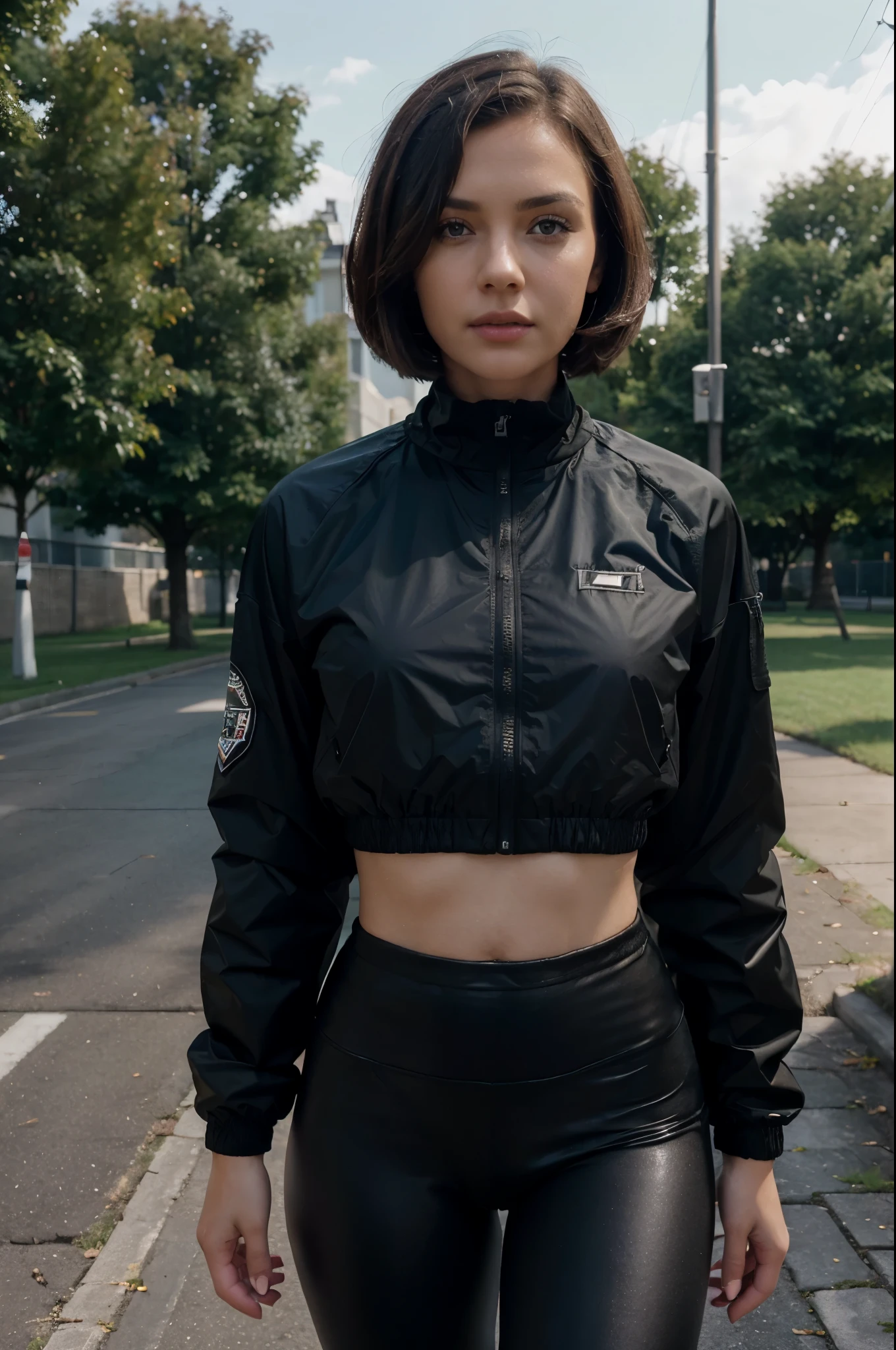 general plan, sharp raw photo {young girl, athletic figure, brunette Bob haircut, Georgian}, black windbreaker, black leggings , hyperrealism, 8k HD, on a Sportsground, realistic skin texture, shot on Iphone 15  , wide angle lens, very detailed, general plan, you can see legs, full of mouths,   