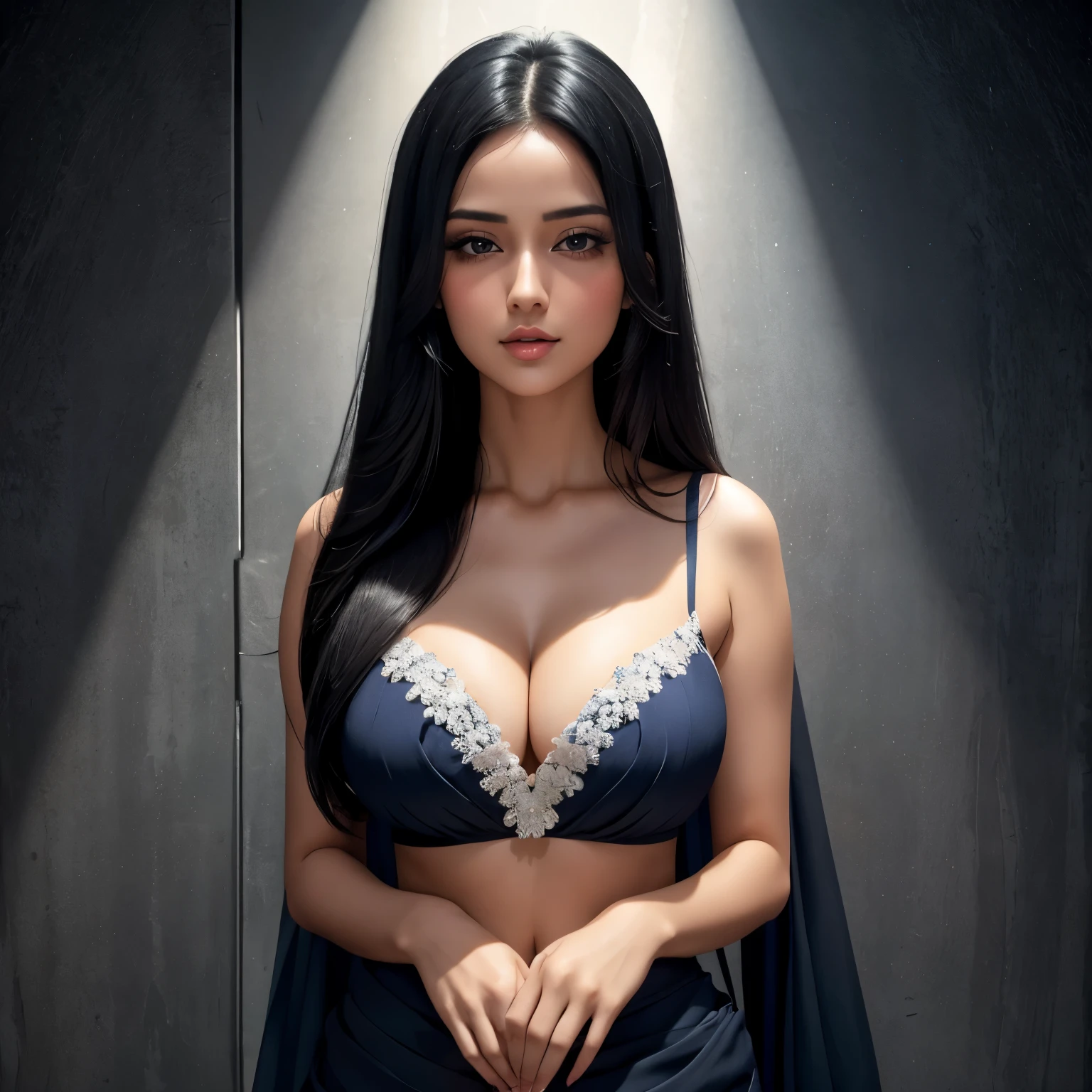 y woman, long straight black hair, seductive eyes, lips parted, deep blush, flustered, beautiful long neck, collarbone, medium chest, cleide hips, thick, provocative, blue and white saree
