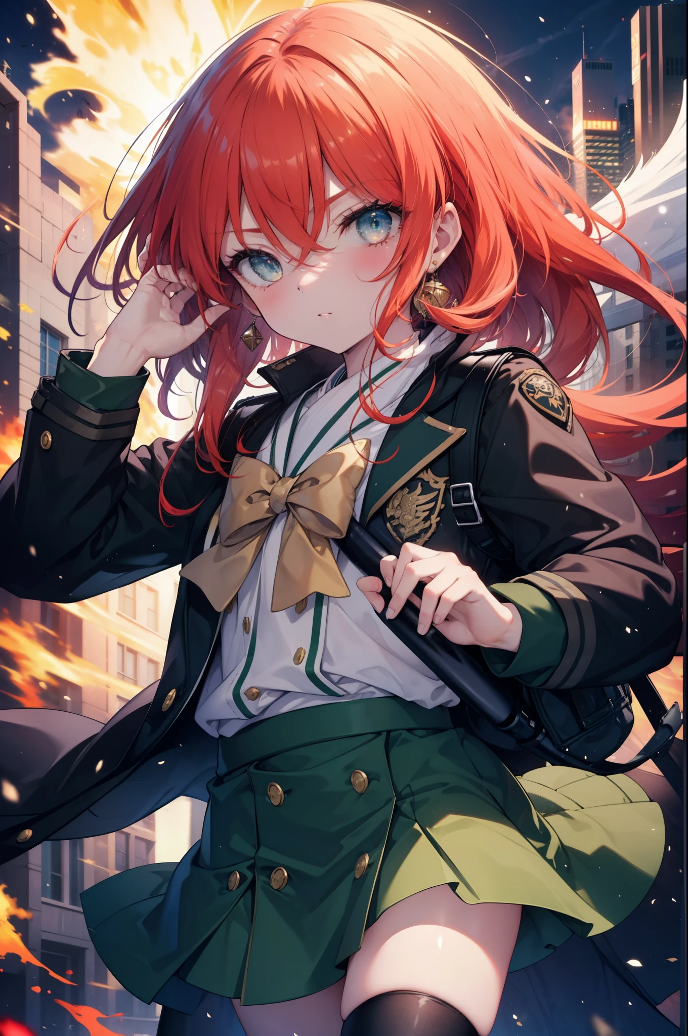 masterpiece,highest quality,Highly detailed CG Unity 8k wallpaper,1 girl,shana,redhead,long hair,red eyes,Misaki high school uniform(green winter uniform),Black Rider Suit,Misaki High School Green Skirt,black knee high socks,brown loafers,He holds a Japanese sword wrapped in flames in his left hand.,city of rubble,explosive flame,(masterpiece:1.2), highest quality, High resolution, unity 8k wallpaper, (shape:0.8), (beautiful and detailed eyes:1.6), highly detailed face, perfect lighting, Very detailed CG, (perfect hands, perfect anatomy),
