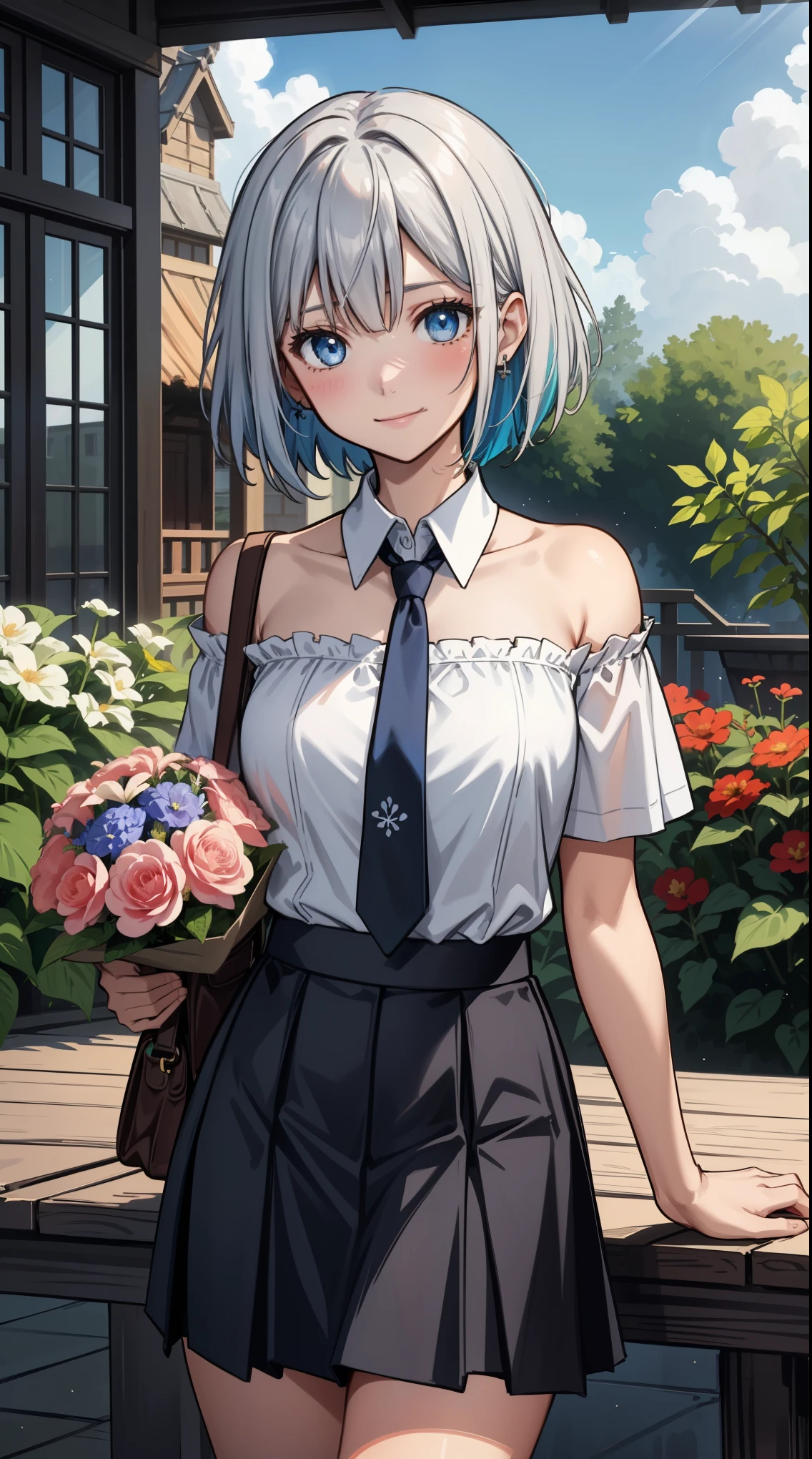 1 girl:1.2, cute, （smile:1.2,blush:0.6）,break（medium breasts:1.3), (outdoors), looking at the viewer, （gradient silver bob cut）, （blue eyes),BREAK（(flower garden, colorfulな花)）,（bright sunshine,Blue sky,White cloud）, break（(White off-the-shoulder shirt),（just the collar of a white shirt）,（thin blue tie)）, break（(dark twist skirt:1.5)）,BREAK（hang the bag strap on your shoulder,brown shoulder bag）, BREAK（standing pose）,cowboy shot, Americanism, fluid, particles of light, Sun rays, fine skin texture, (blush:0.5),  Scattered beneath the surface,break (8k wallpaper,table top, highest qualityの, highest quality, beautiful and aesthetic:1.2), very detailed, (colorful), best details,BREAK（holding a large bouquet in hand）:1.5