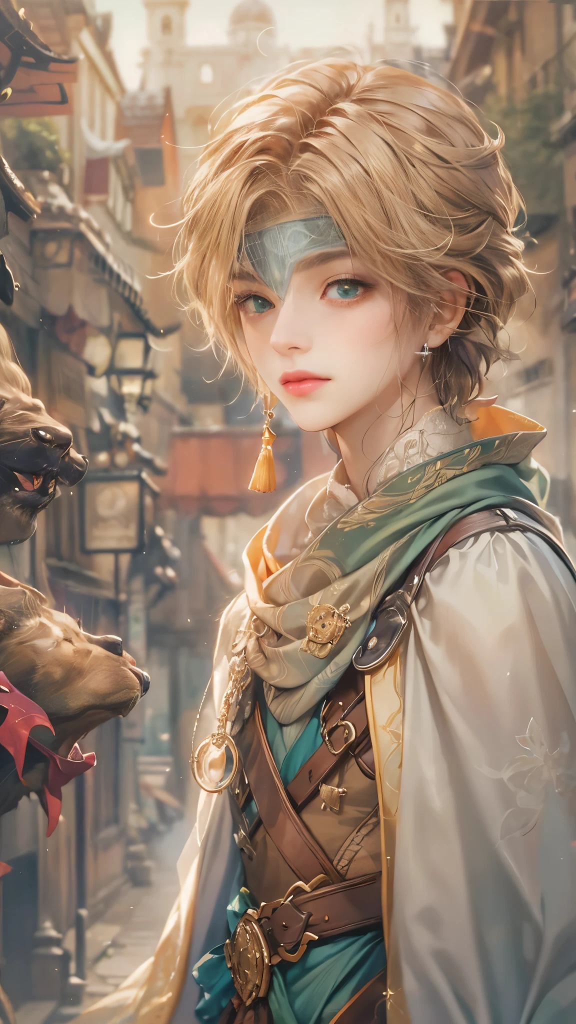 (absurdres, highres, ultra detailed, HDR), masterpiece, Intricate details,best quality picture of a character from Octopath Traveler, handsome  boy with random Hair color between peach, apricot, periwinkle, cream, red, blue, green, orange, yellow, or purple, anime eyes, Hero Outfit showing Chest with cape in a random color, detailed town scenery, detailed character, art kenouji
