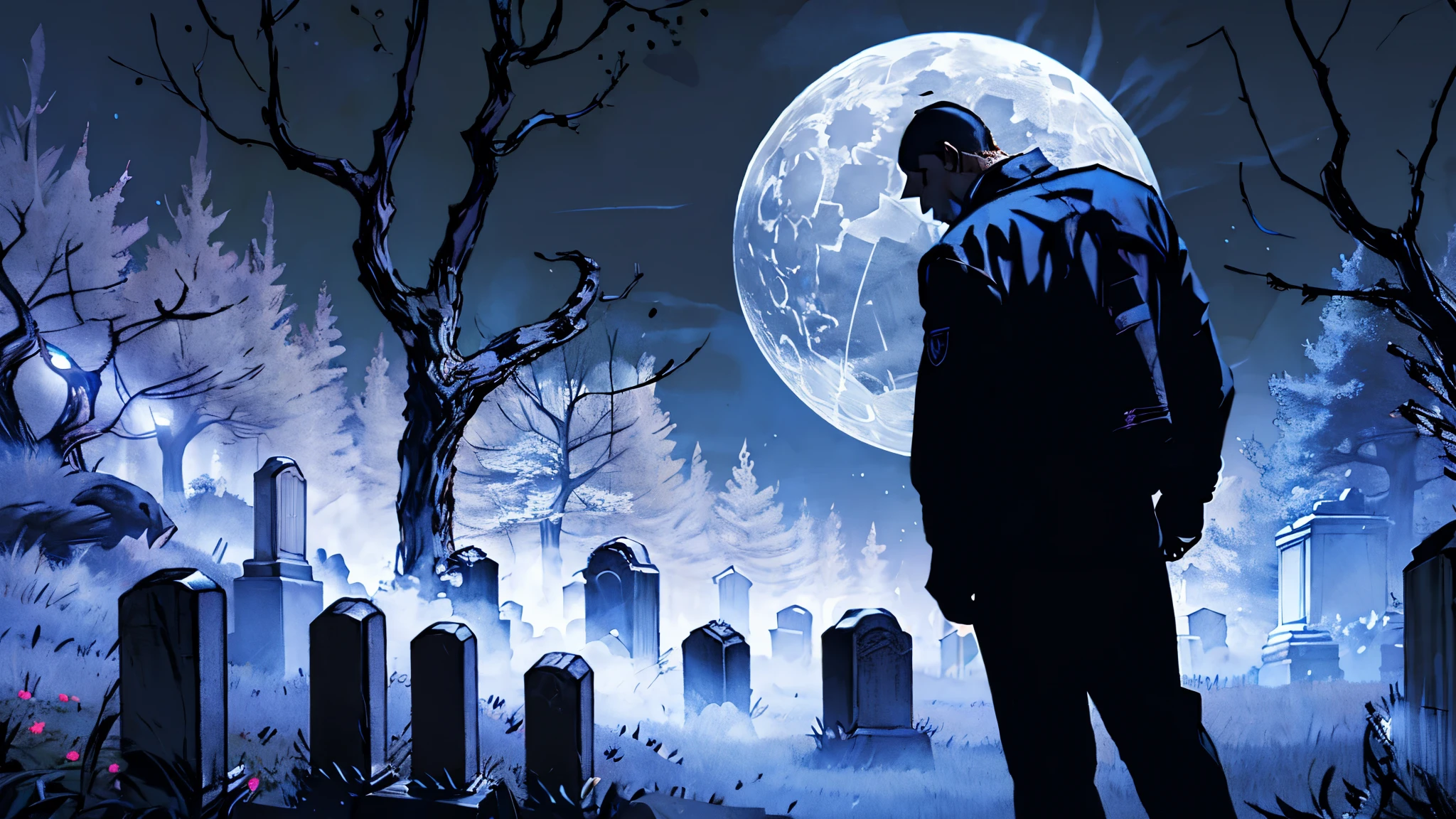 Cemetery security guard walks through a gloomy cemetery full of ghoulish trees and ancient tombs on a full moon night, encounters an evil creature surrounding a black aura