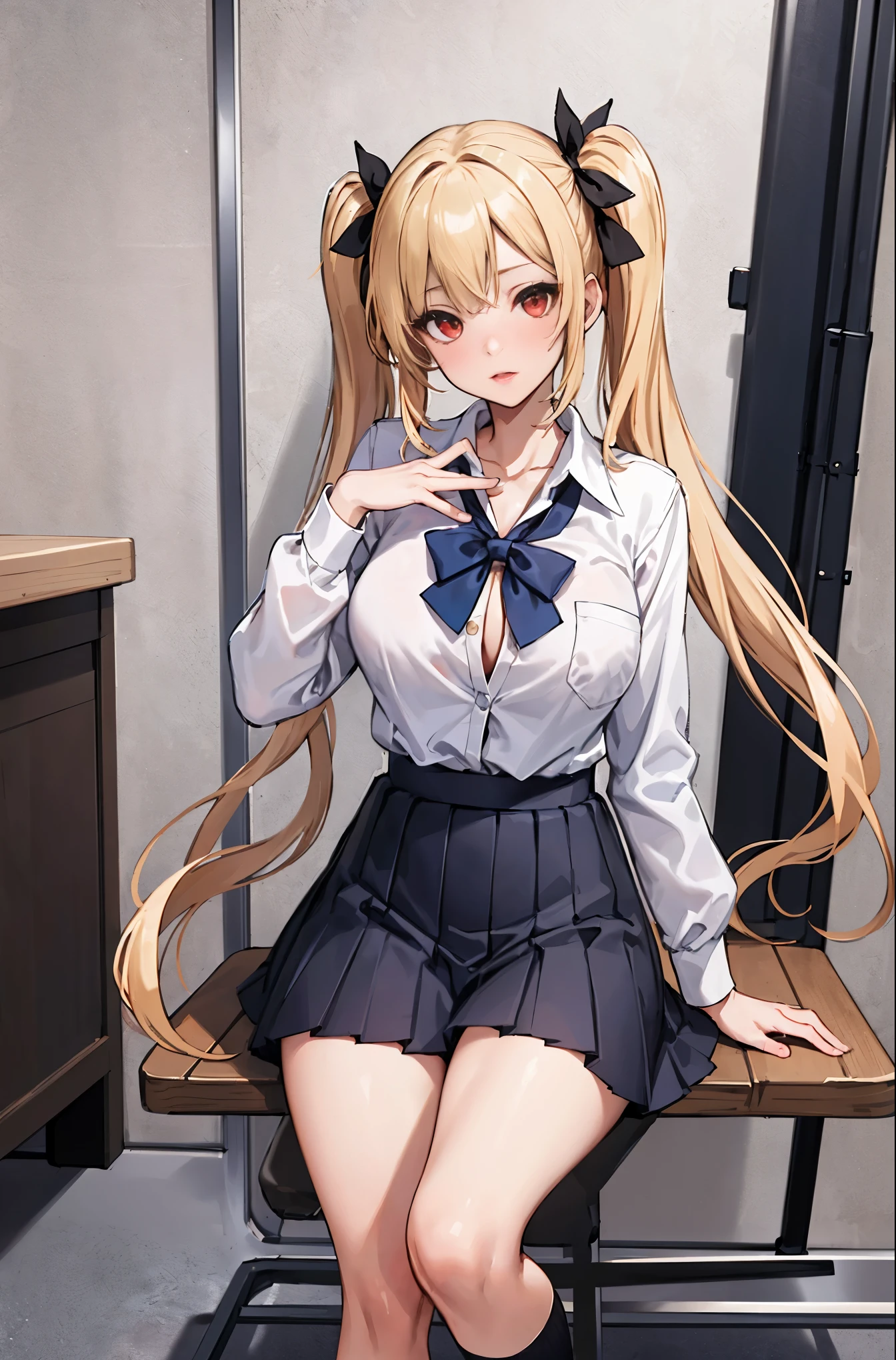 (masterpiece:1.3, highest quality), 1 female, alone, school uniform,blonde, twin tails, red eyes, Open collaboration bone, black skin, (open chest:1.1),JK,big breasts