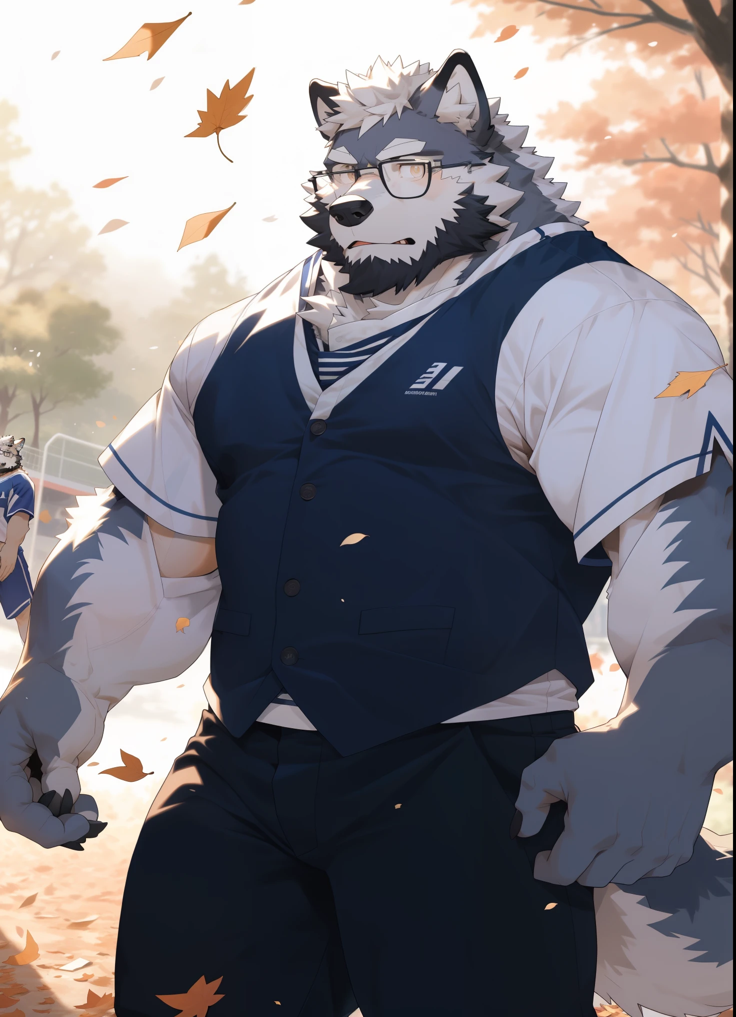 hairy,(Wolf,white baseball uniform,white baseball pants,Black-rimmed glasses,),beard,white fur,male,Common,full-body shot, dynamic poses,Baseball games,There are fallen leaves falling,Sunlight,Detailed background,极其lifelike阴影,masterpiece,Very detailed,lifelike