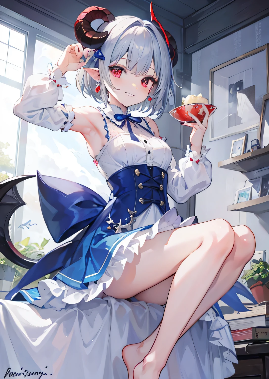 1 girl,armpit,barefoot,blue skirt,blue ribbon , skirt , earrings ,nail , frilled skirt ,decorate , gray hair,Grinning , trumpetdecorate品, horn ribbon ,trumpet , jewelry , long nail ,long toenails ,complex , pointed ears , red eyes, red trumpet ,red sleeves ,ribbon ,sharp nail ,sharp teeth ,sharp toenails ,red sheep trumpet, short hair,sign,Smile , alone , spoon , teeth , toenails