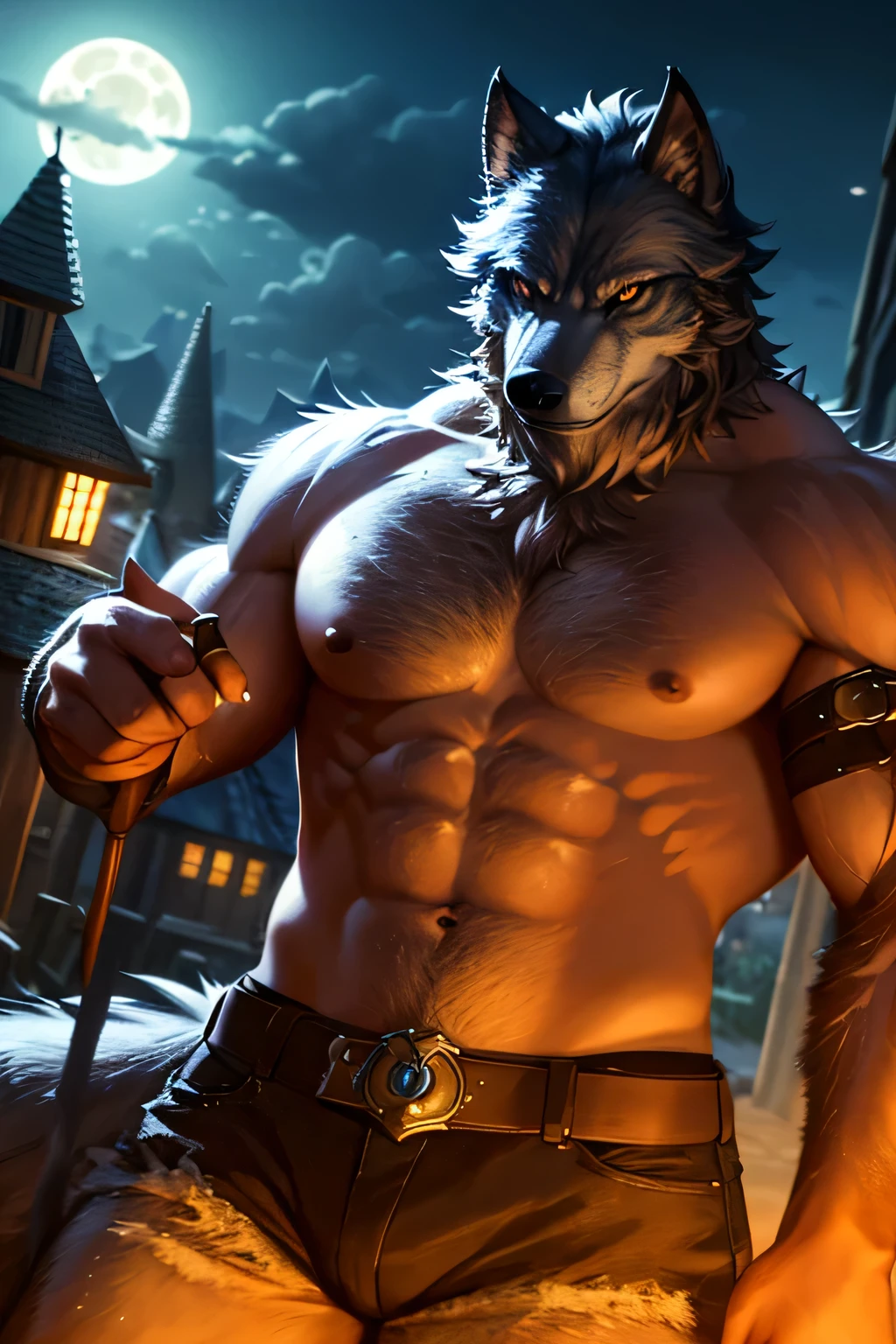 1man, solo, muscular, (werewolf), dynamic angle, {{extremely detailed, absurdres, 8k, masterpiece}}, (rembrandt, midjourney), {unreal engine 5, realistic}, moonlit, {{village in background}}