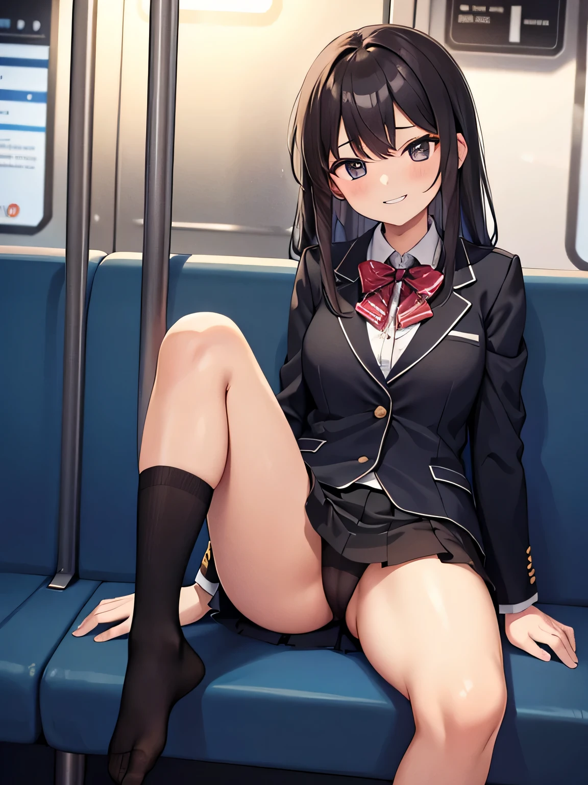 (1) A woman is sitting alone on a long seat on a train. she spreads legs and black lace panties.
She shows her black lace panties to the person in front of her.
(2) She is a high school girl, She is wearing a uniform consisting of a miniskirt, blazer, and loose socks..
(3) she has medium length brown hair.
(4) Her expression is provocative and grinning.
(5) The location is the long seat of the train at night.. There are no other customers.