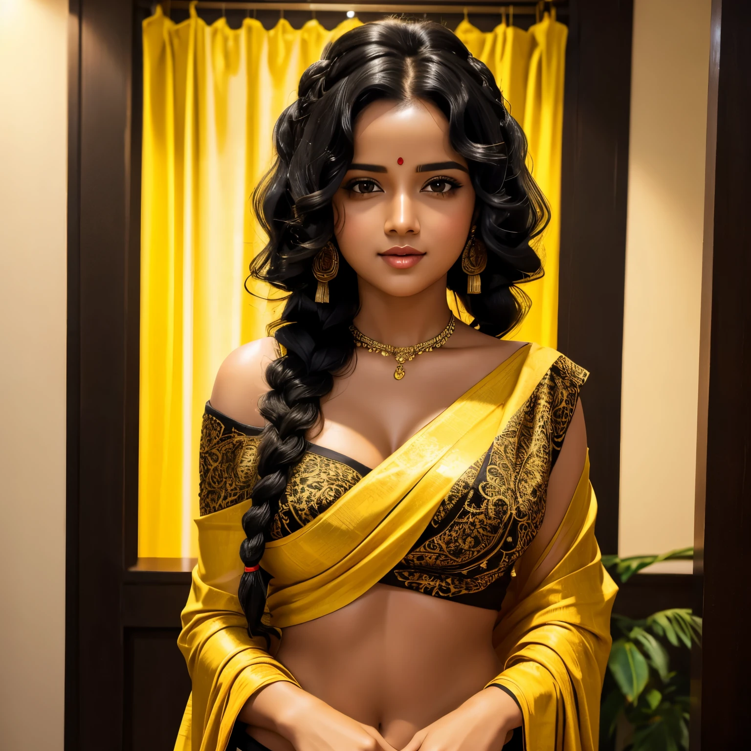 Sexy and cute woman, black curly hair, braids, low neck revealing yellow blouse, dark red saree