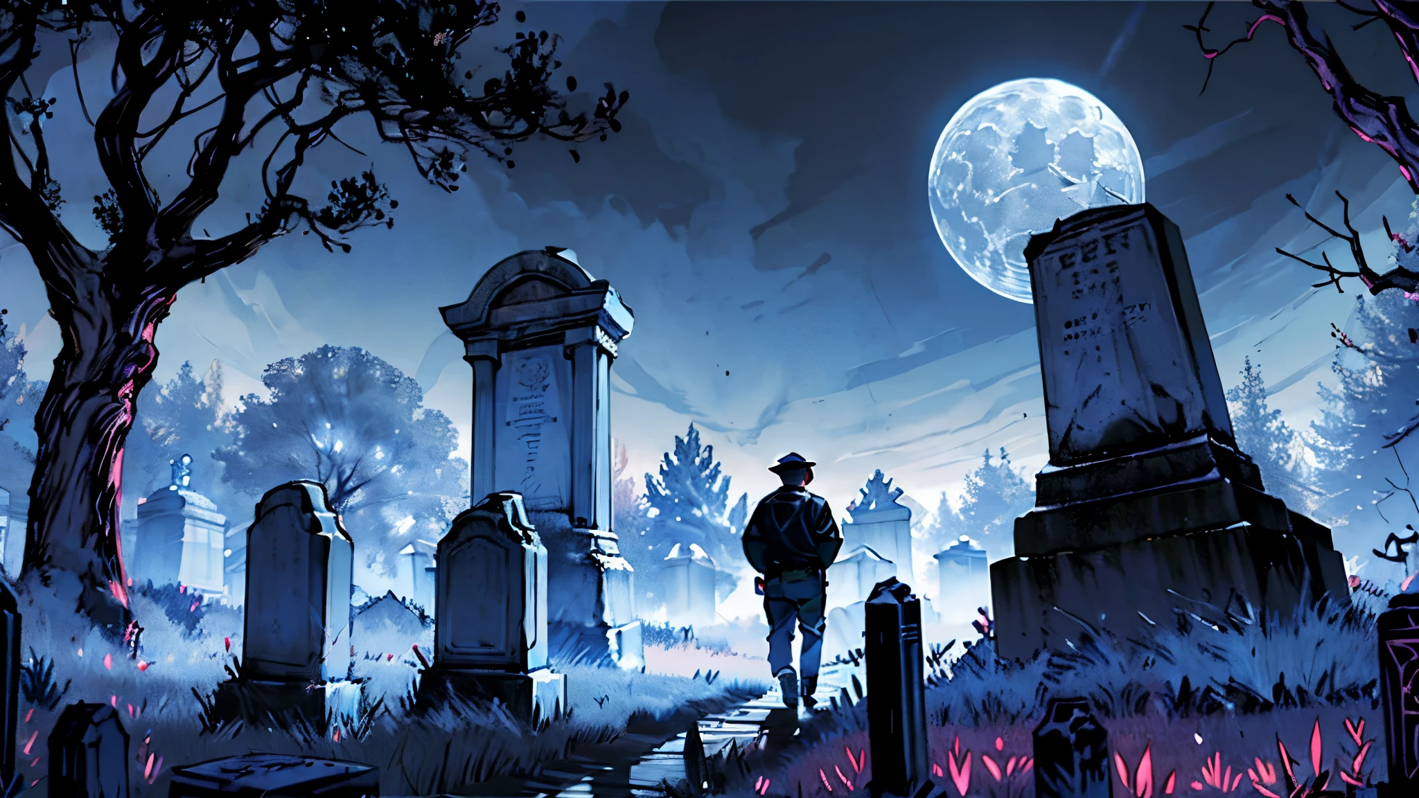 Cemetery security guard walks through a gloomy cemetery full of ghoulish trees and ancient tombs on a full moon night, encounters an evil creature surrounding a black aura