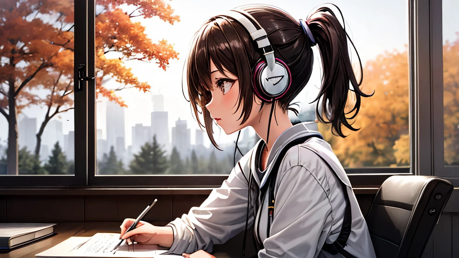 lofi research, girl, write, ~ side, 日本人のgirl, brown hair, ponytail hair, headphones, autumn clothes, window, Ginkgo tree-lined background,