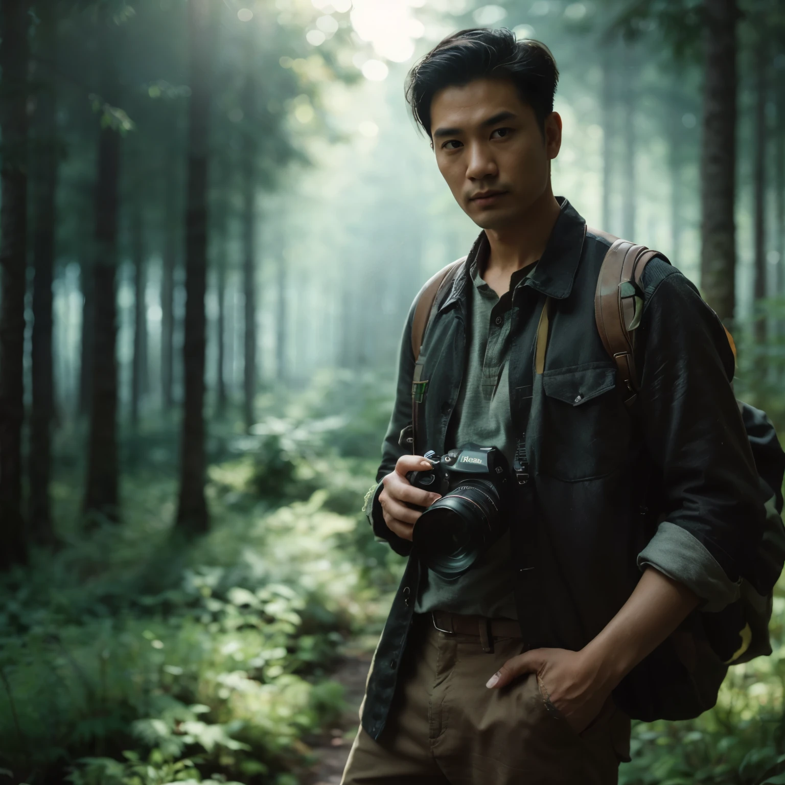  full  body,cinematic  portrait Asian  man
with short slicked back hair wearing boots,
standing in the forest with a photo
camera, an outdoor photographer,
background with subtle light,in a magical forest,man walking in the forest,in a
green forest,mystical forest,professional photography,advertising  shooting,face looking at the camera,portrait from the side,realistic