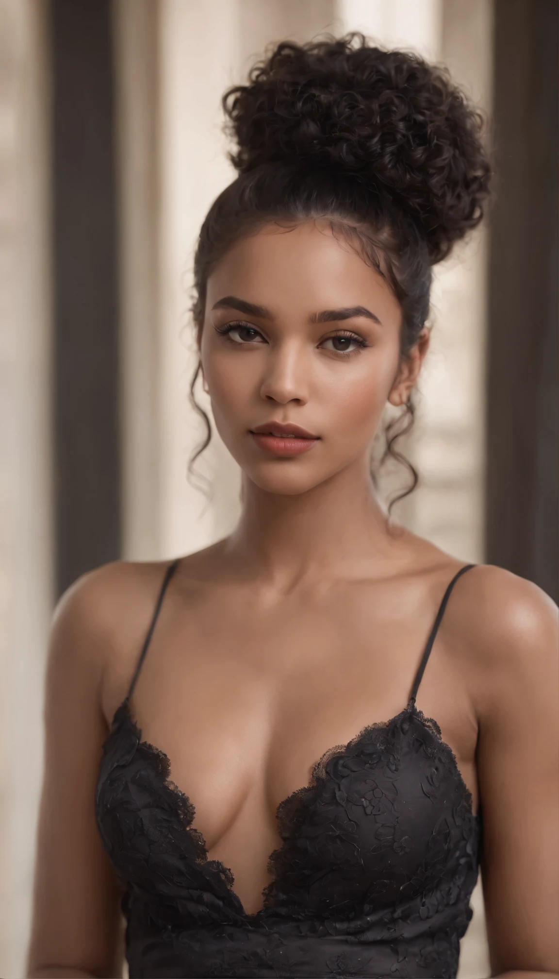 (black woman:1.5)、(Black skin),Emilicia Gomez, tall, beautiful model、Gorgeous, Spanish descent, Age 23, Smooth skin, Black hair. small tits, hotpants, Simple Silver Cross Necklace, Work in an underground base, Highly detailed, with light glowing, 8K, Checking artifacts, Amazing detail,full body Esbian、Dynamic Pose,