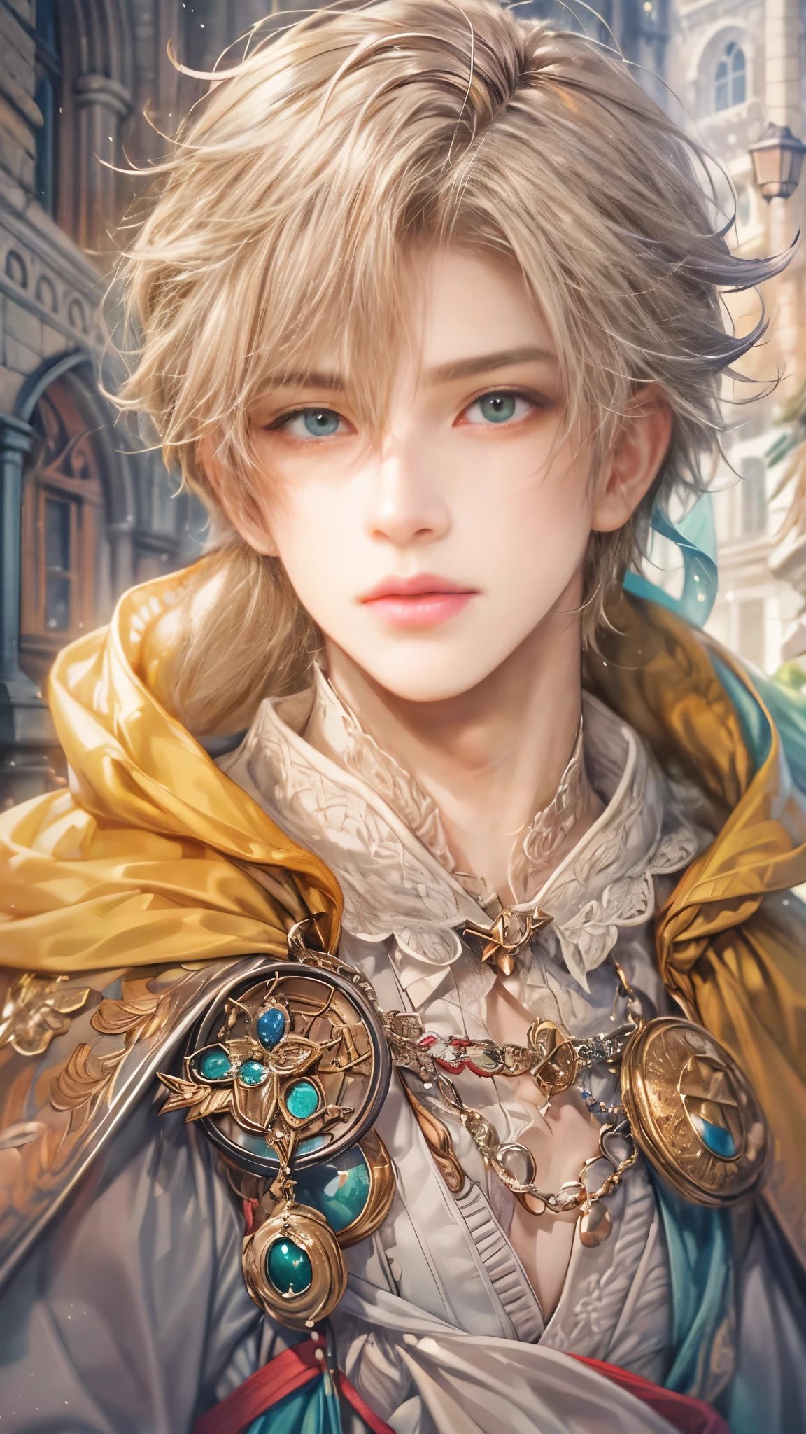 (absurdres, highres, ultra detailed, HDR), masterpiece, Intricate details,best quality picture of a character from Octopath Traveler, handsome teen boy with random Hair color between peach, apricot, periwinkle, cream, red, blue, green, orange, yellow, or purple, anime eyes, Hero Outfit showing Chest with cape in a random color, detailed town scenery, detailed character, art kenouji