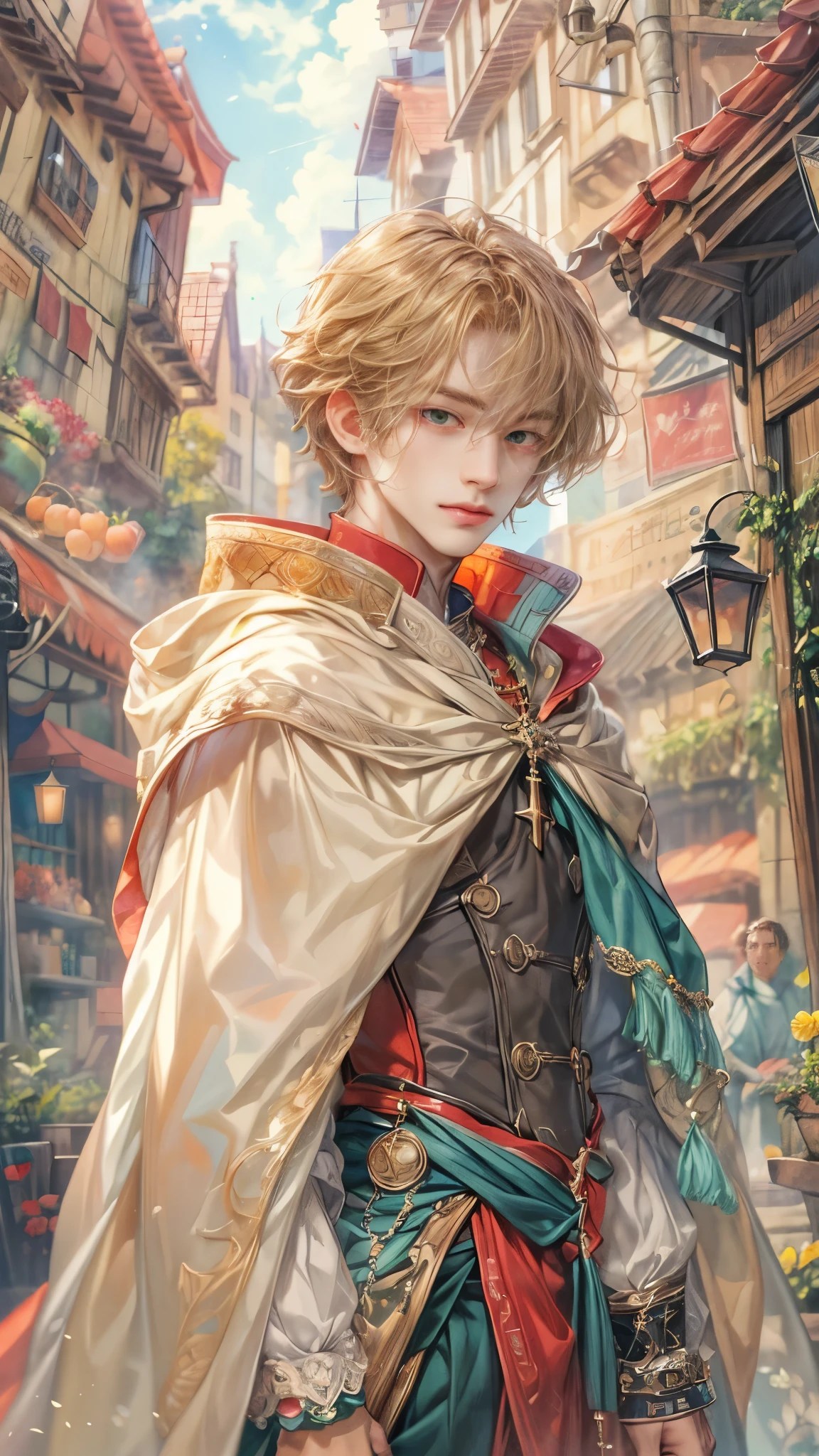 (absurdres, highres, ultra detailed, HDR), masterpiece, Intricate details,best quality picture of a character from Octopath Traveler, handsome boy with random Hair color between peach, apricot, periwinkle, cream, red, blue, green, orange, yellow, or purple, anime eyes, Hero Outfit showing Chest with cape in a random color, detailed town scenery, detailed character, art kenouji