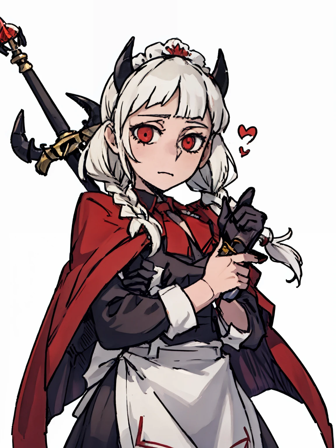 （（a woman，front，whole body，maid outfit，white twin braids），black devil horns，red cloak，Holding the staff，student，cute，Sword and magic style，Different world，middle Ages，White background