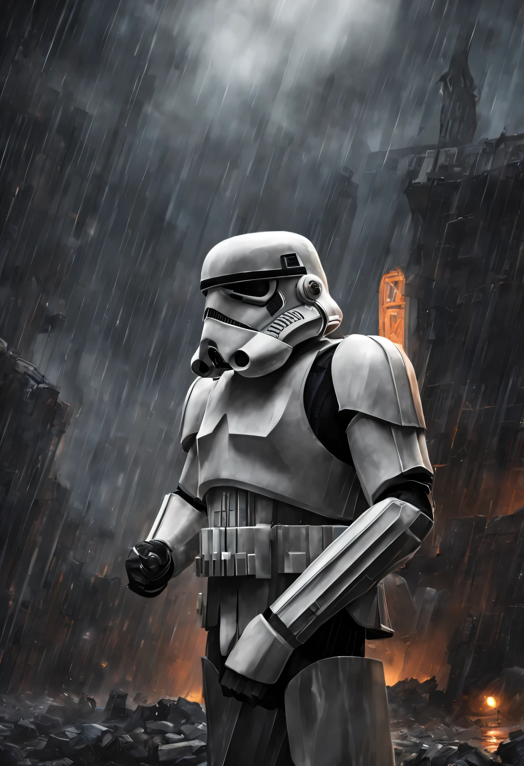 Amidst the tempestuous backdrop of an otherworldly storm, a resolute Stormtrooper dons his armored helmet, a beacon of determination in the relentless maelstrom. Torrential rain inundates the recesses of his void-tattered cloak, beading menacingly upon its fiberglass surface while electrical discharges sustain jolts of charged ambience, crackling and sputtering against the unsalvageable desolation of his remote battle field - intensifying the pervasive climb up the brink of chaos . Hyperrealistic, dark and ominous; cinematic air playing gruff graffiti noir to Rogstartrooper's emblematic square.