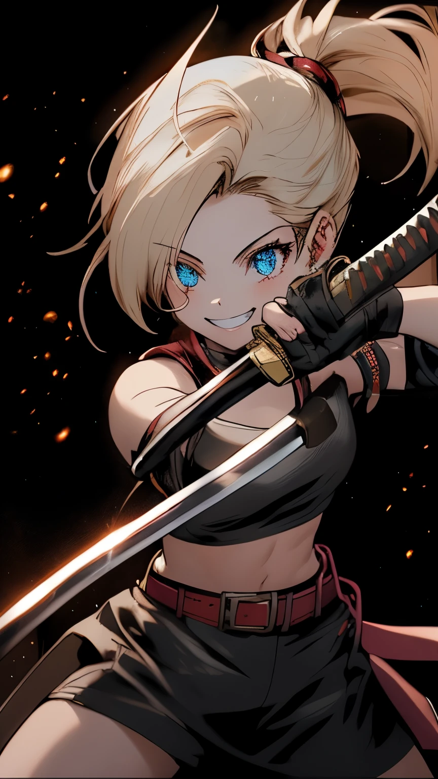 girl holding a katana, perfect smile, fighting pose, skimpy, fingerless gloves, perfect hands, perfect katana, glowing katana 