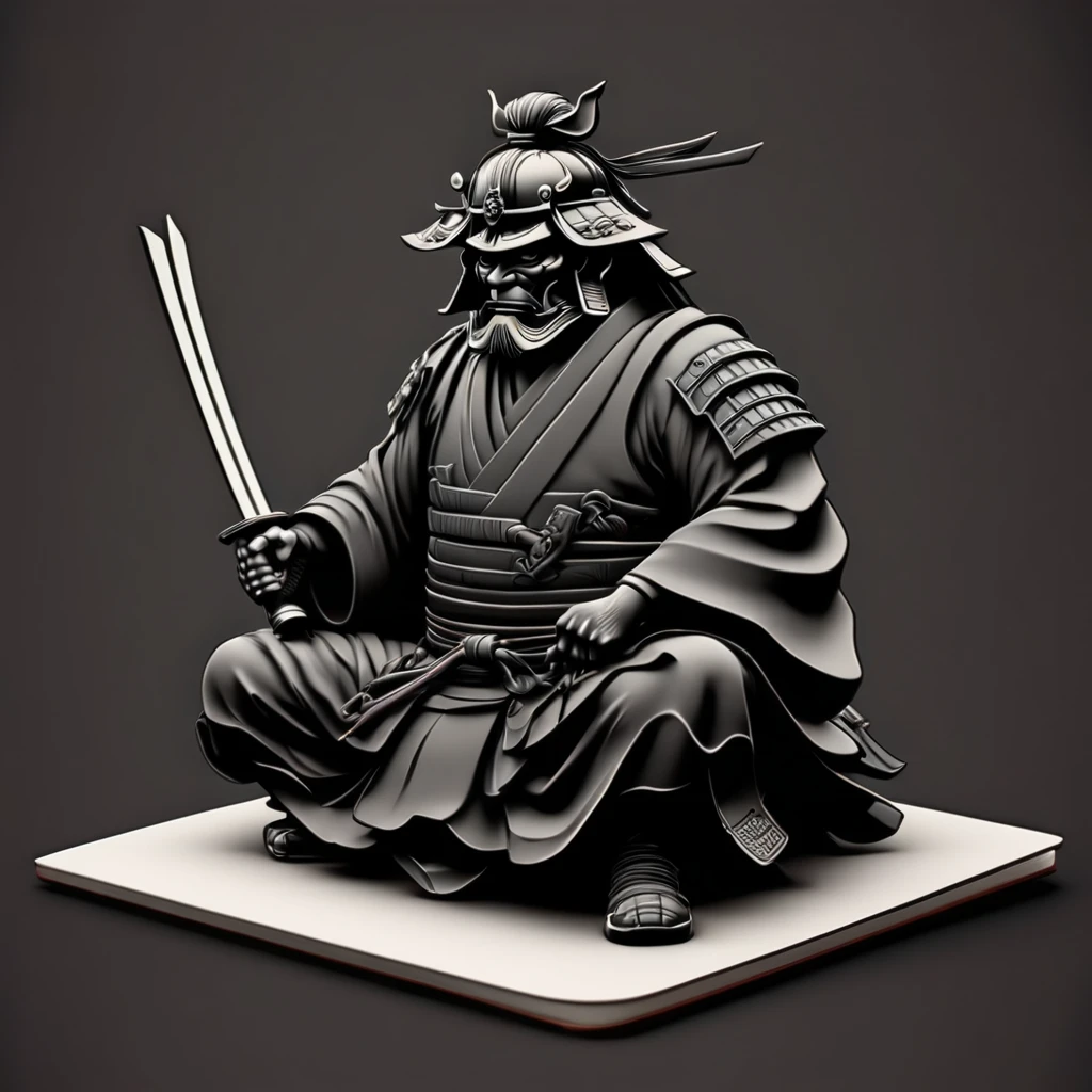 Ukiyo-e style . High Resolution, High Quality, Masterpiece. ink sketch in the Ukiyo-e style, The samurai is sitting, Logo "bushido" .  32k resolution, , modern line art and minimalist graphic style, centered sticker design, vector illustration, 2d flat yet cute, with a hint of professional vector graphics, shadow day themed, ultra-detailed, octane rendering 