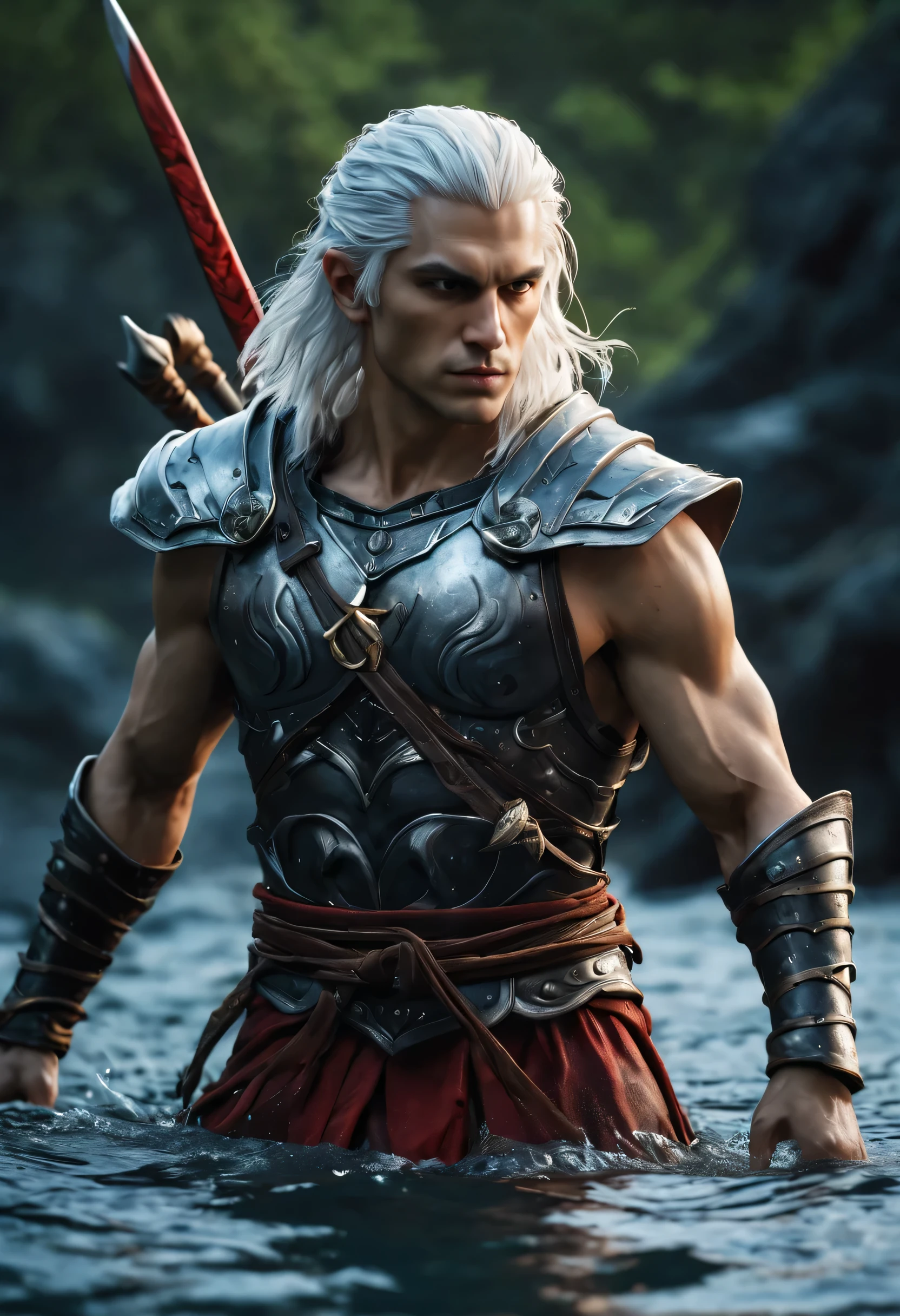 best quality，Ultra-fine，The white-haired warrior appears in the water ，（lifelike，photorealism：1.37），bright colors，clear focus，Defocused，（fantasy：1.2），（mystical landscapes），（dynamic poses：1.37），（intense gaze），（Extraordinary power），（the power of myth），black and red，rainy day
