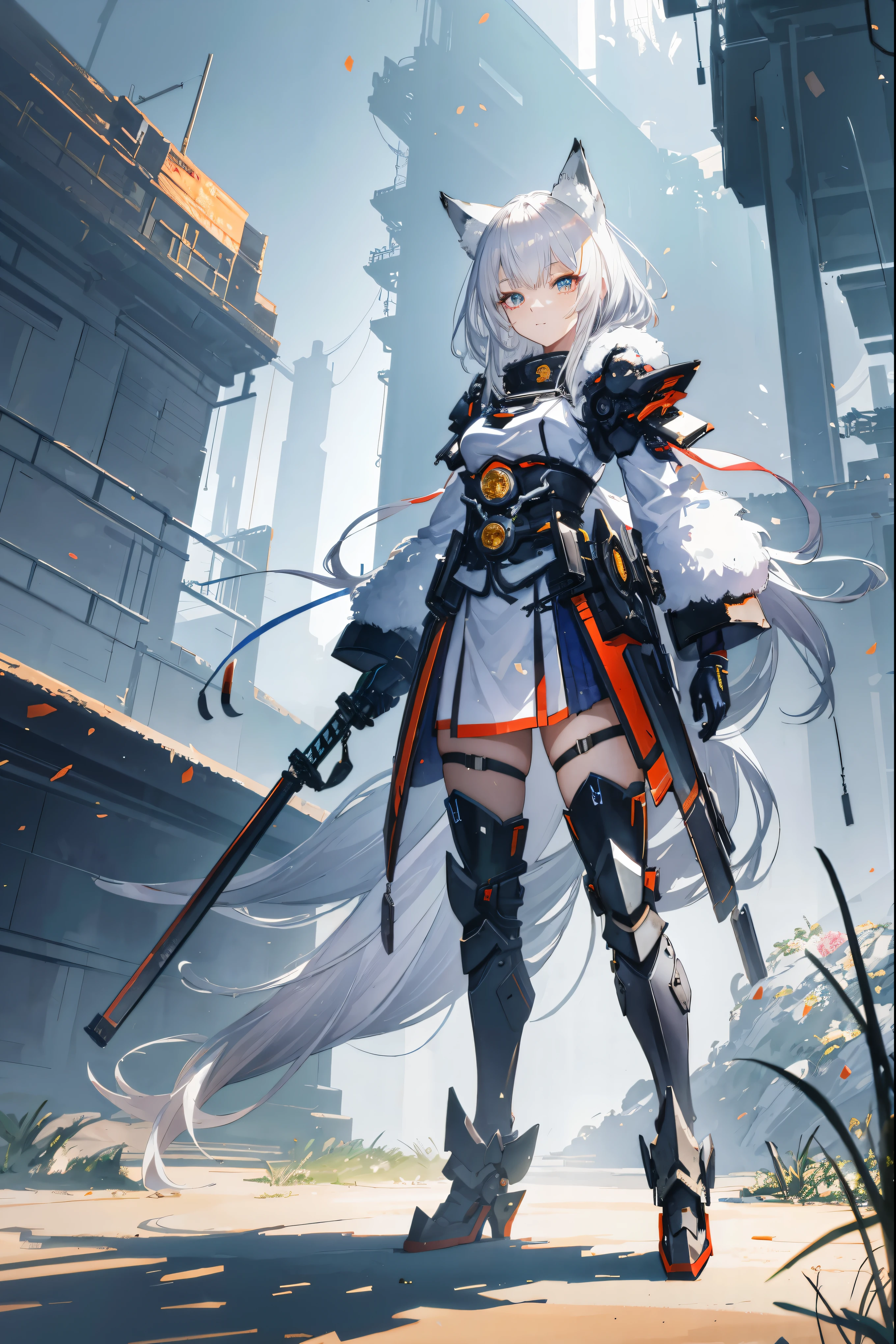 (highly detailed and beautiful background:1.2), (concept art, abstract, illustration, 4k desktop wallpaper:1.3), (1girl, mature lady:1.1), (silver hair, amber eyes, medium-size fluffy fox ears:1.2), (samurai, mecha, sci-fi, sleek futuristic outfit:1.1), smile, looking at viewer, reaching, dynamic view, spectacular scenery, lush forest, dim, colourful flowers, cinematic light and shadows, light shafts, particles,