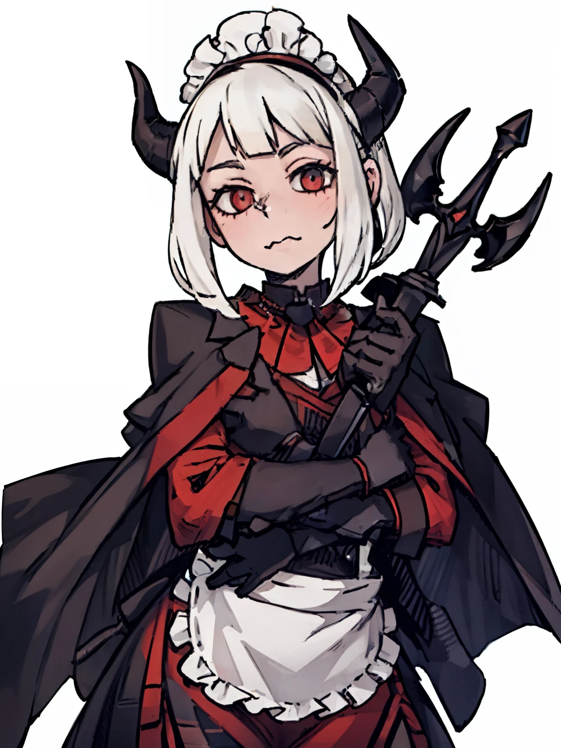 （（a woman，front，whole body）），maid outfit，white hair，black devil horns，red cloak，Holding the staff，cute，Sword and magic style，Different world，middle Ages，White background