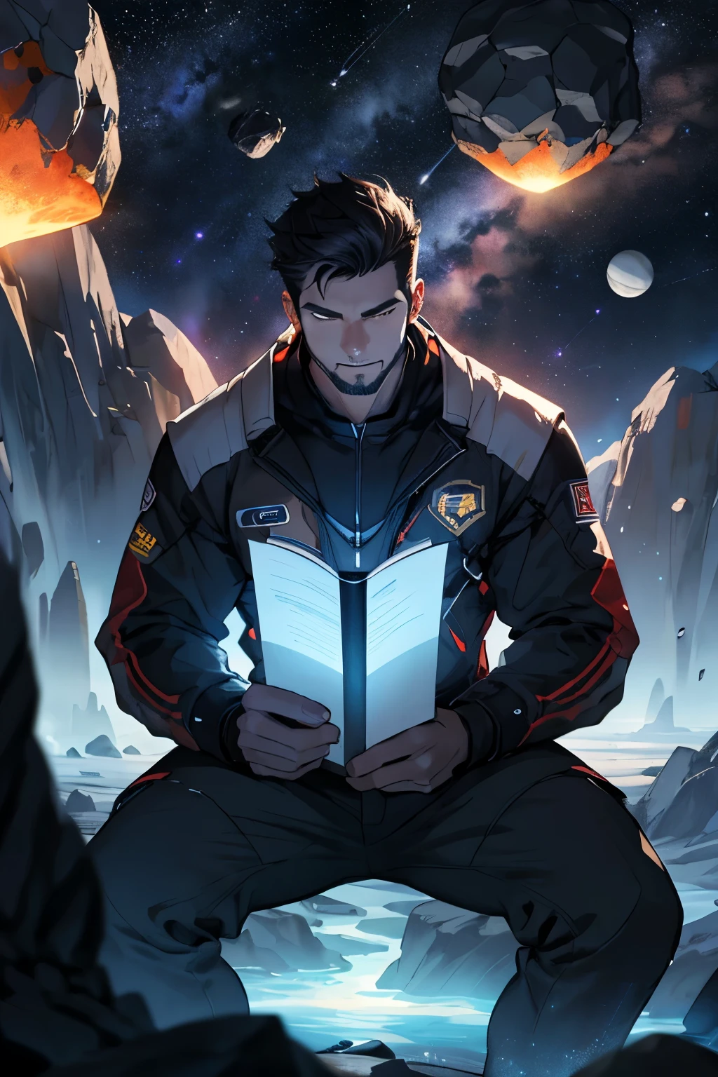 Draw a young programmer, sitting on a research platform floating in the middle of an asteroid belt. He is studying with a notebook, surrounded by several asteroids glowing with fiery auras. Dramatic lighting from distant stars and planets illuminates the scene, casting deep shadows on the suit. The young man looks confident and determined, looking at the vast and mysterious universe with wonder and respect,facial hair, cowboy shot,