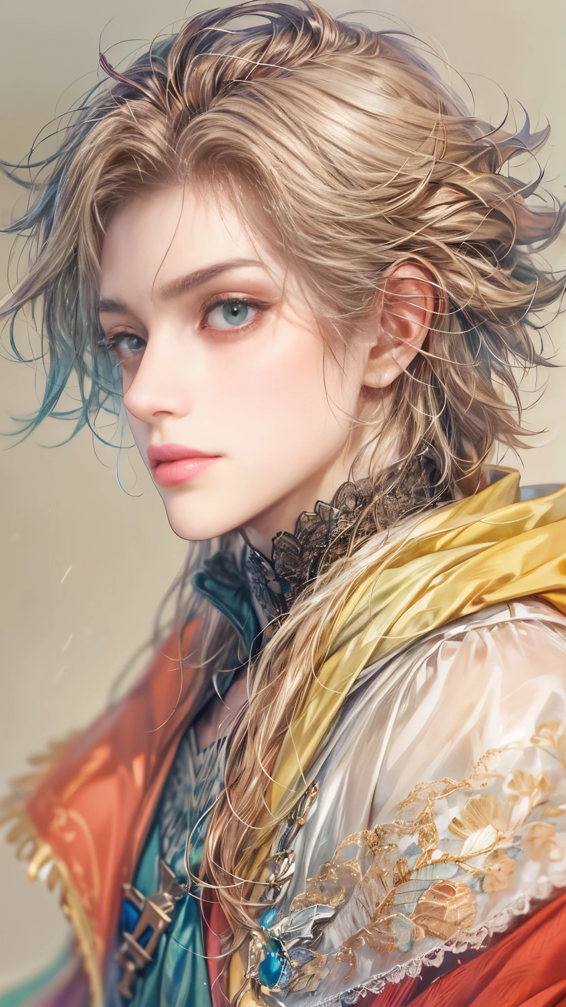 (absurdres, highres, ultra detailed, HDR), masterpiece, Intricate details,best quality picture of a character from Octopath Traveler, handsome  boy with random Hair color between peach, apricot, periwinkle, cream, red, blue, green, orange, yellow, or purple, anime eyes, Hero Outfit showing Chest with cape in a random color, detailed town scenery, detailed character, art kenouji