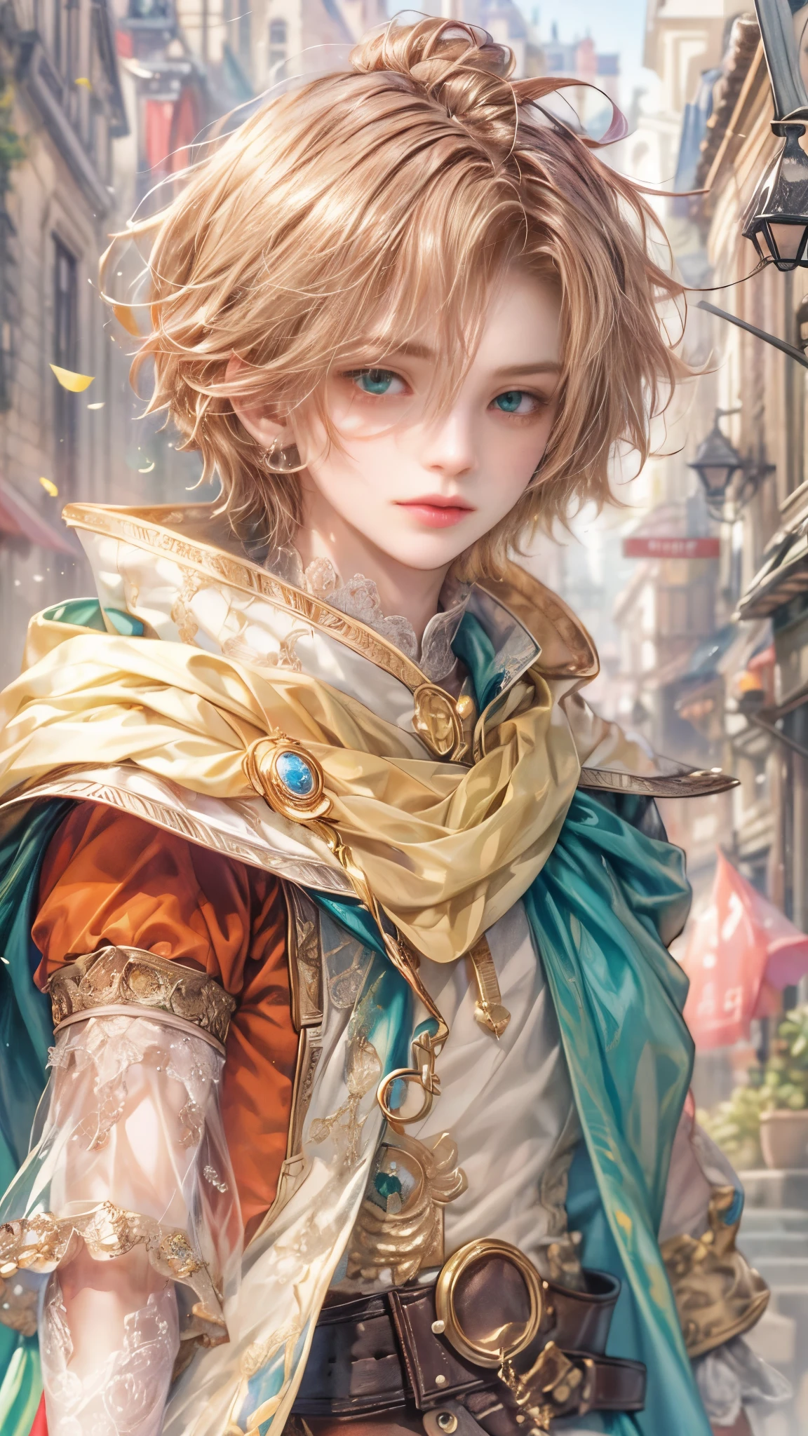 (absurdres, highres, ultra detailed, HDR), masterpiece, Intricate details,best quality picture of a character from Octopath Traveler, handsome teen boy with random Hair color between peach, apricot, periwinkle, cream, red, blue, green, orange, yellow, or purple, anime eyes, topless Outfit showing Chest with cape in a random color, detailed town scenery, detailed character, art kenouji