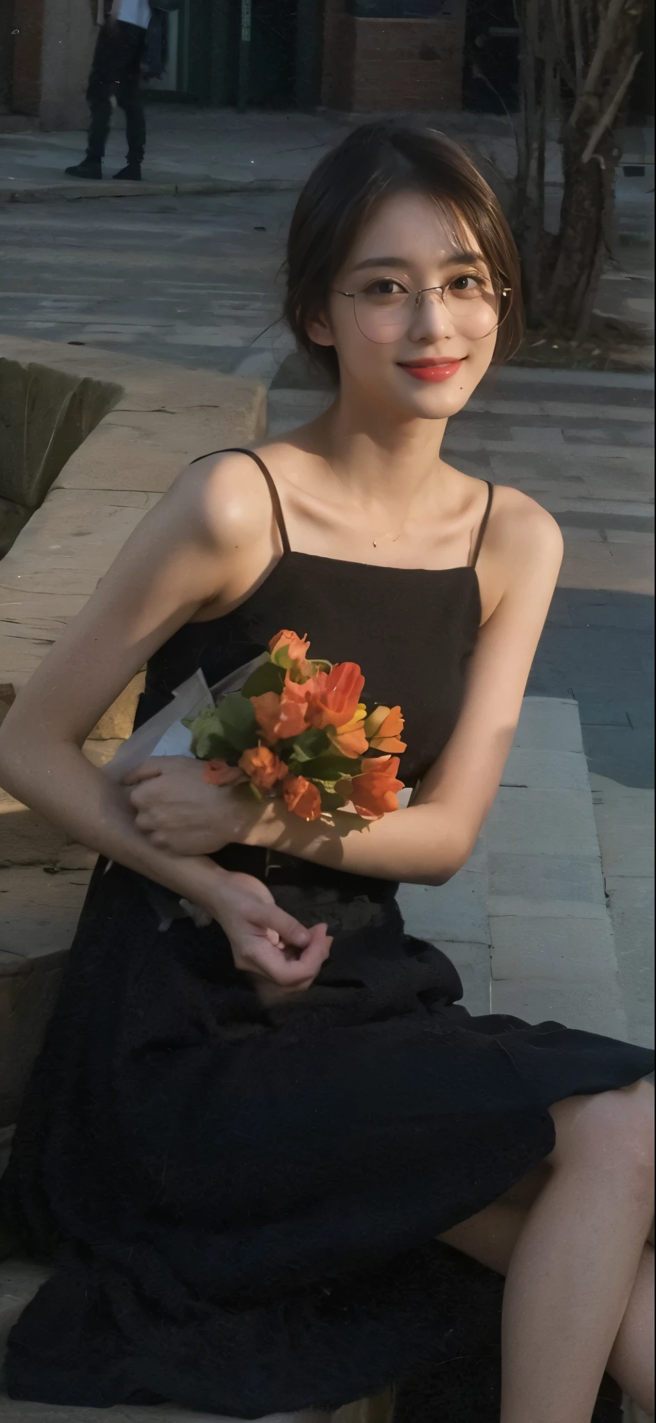 ((Masterpiece, Top image quality, high resolution、alone、skin shiny))(on the table, best quality, actual, super detailed, meticulous, high resolution, 8k wallpaper), Close-up portrait of a beautiful woman, like, smiling, light brown messy hair, Perfect dynamic composition, 美丽meticulous的眼睛, Just like the cover of a fashion magazine, on campus,wearing gold glasses