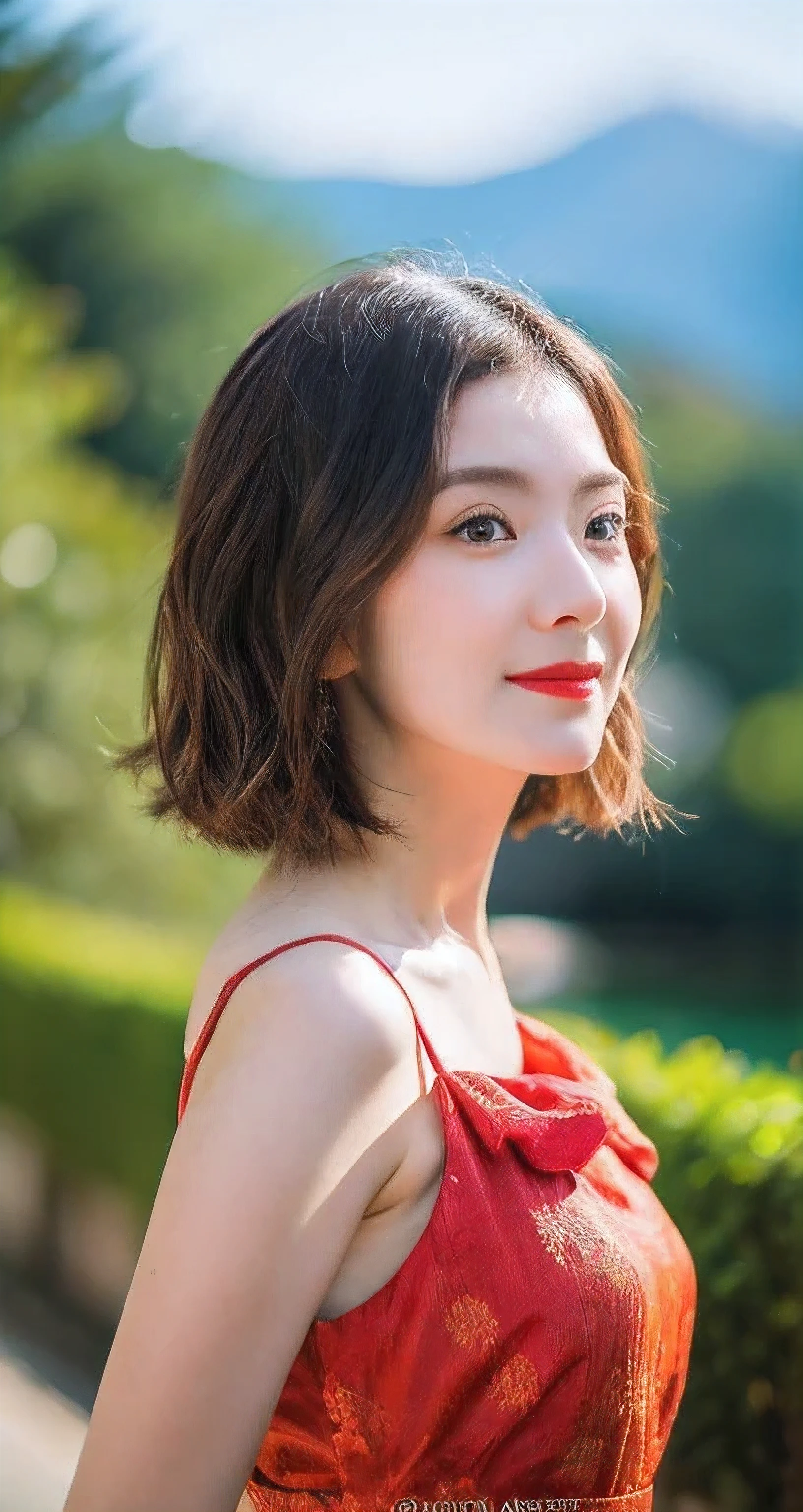 Best Quality Detail:1.2, realisitic, 8K UHD, hight resolution, 1girl in:1.2, The ultra-detailliert, High quality textures, intricate detailes, detaileds, Very detailed CG, High quality shadows, Detail Beautiful delicate face, Detail Beautiful delicate eyes, depth of fields, Ray traching, masterpiece, best quality,ulzzang -6500-v1.1:0.6, pureerosface_v1, Pretty korean Girl, Korean Urzan Face:1.1, milf, 28 year old woman,short neon orange hair,shiny_skin,thin_waist,gigantic breasts,wearing red dress with black jacket outer, 4K, 8K UHD Full Color RAW Photos, Fuji Film(Medium format:1.2), Hasselblad:1.2, Carl zeiss:1.1, Incredible dynamic range photography(UTIL_Art by Smoose-768:1.1), hight resolution, High pixel count, clear details, crisp image, Natural color reproduction, Noise Reduction, High fidelity, qulity, Software Improvements, Upscaling, Optimized algorithms, Pro-level retouching,crowd:1.1,depth of field,looking at viewer,random pose walking at tranquil mountain abode background,random sexy pose walking at tranquil mountain abode