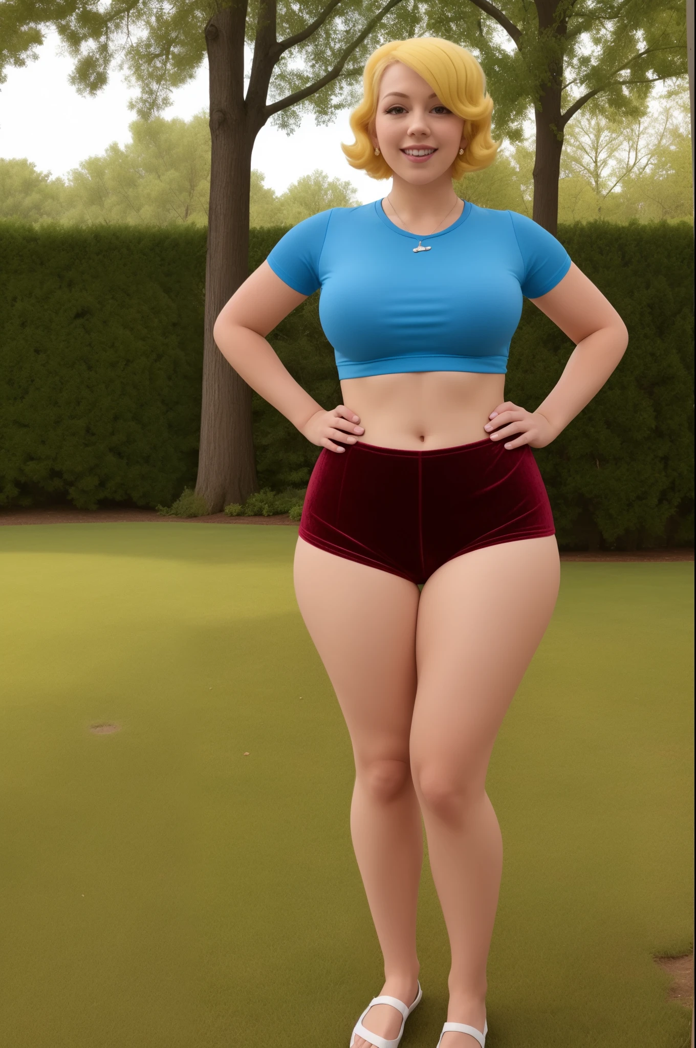 princess peach,short yellow hair,red velvet shorts,velvet t-shirt,thick thighs, thin hips,in the outdoor,very tight clothing,